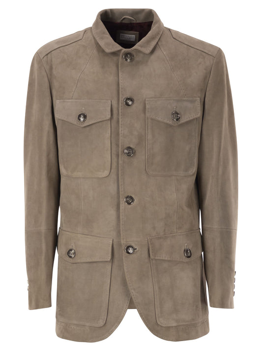 Brunello Cucinelli Men Suede Leather Safari Jacket With Patch Pockets