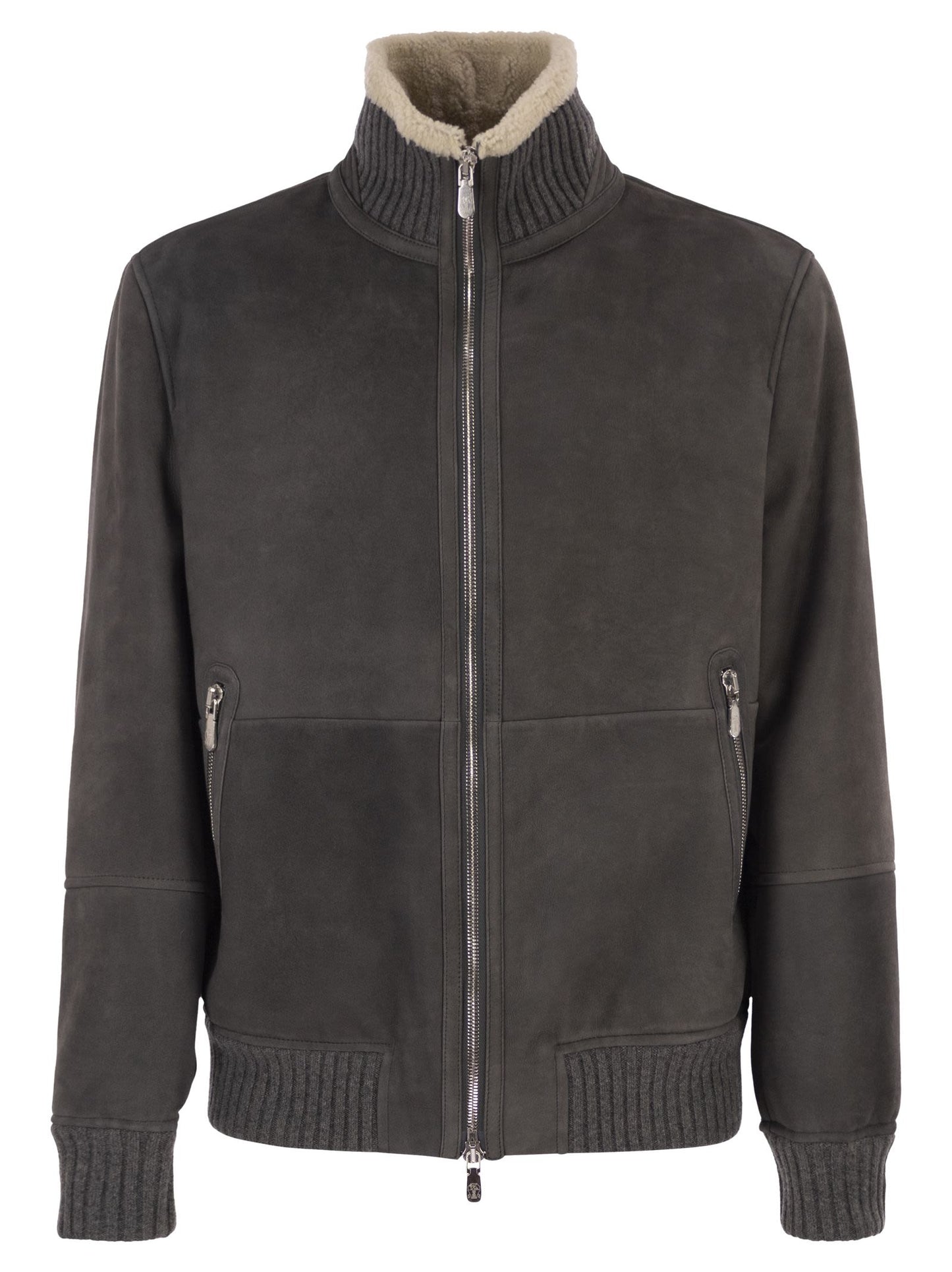 Brunello Cucinelli Men Shearling Aviator Jacket With Cashmere Knit Details BRUNELLO CUCINELLI