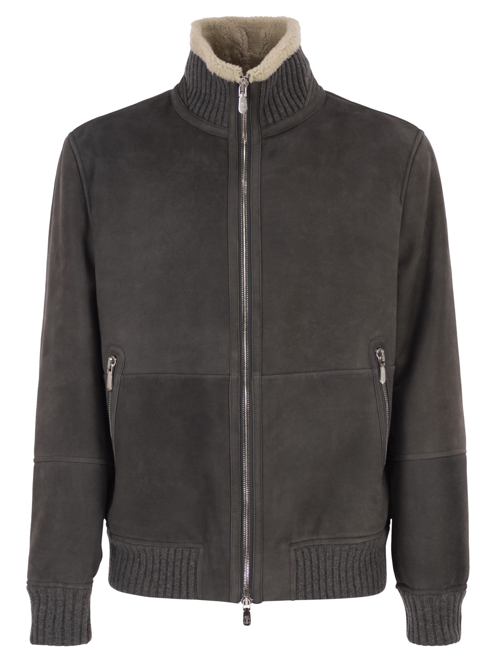 Brunello Cucinelli Men Shearling Aviator Jacket With Cashmere Knit Details BRUNELLO CUCINELLI