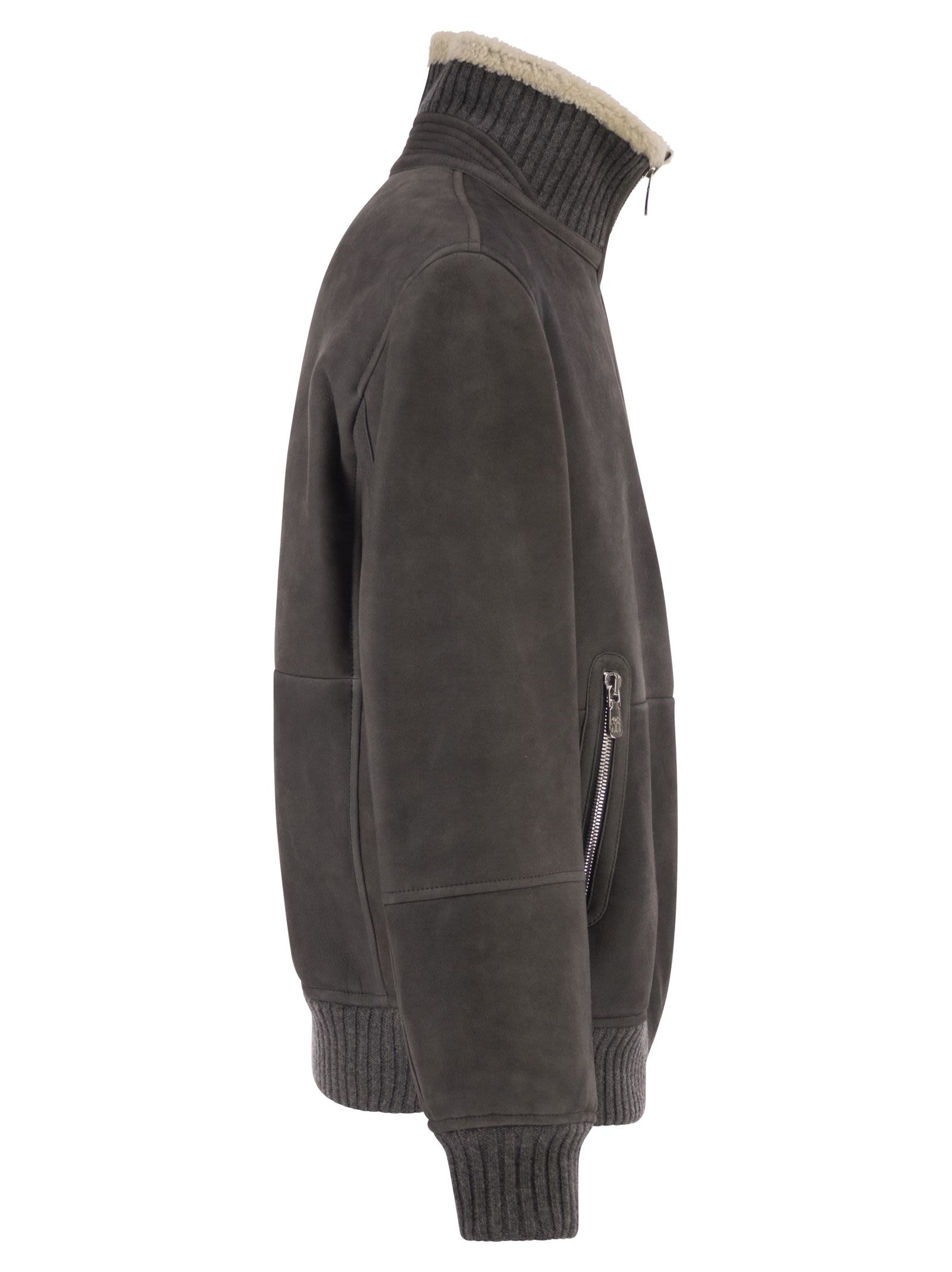 Brunello Cucinelli Men Shearling Aviator Jacket With Cashmere Knit Details BRUNELLO CUCINELLI