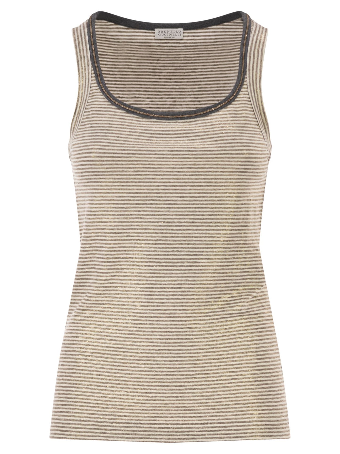 Brunello Cucinelli Women Linen Striped Crew Neck Top With Contrasting Trim And Necklace BRUNELLO CUCINELLI