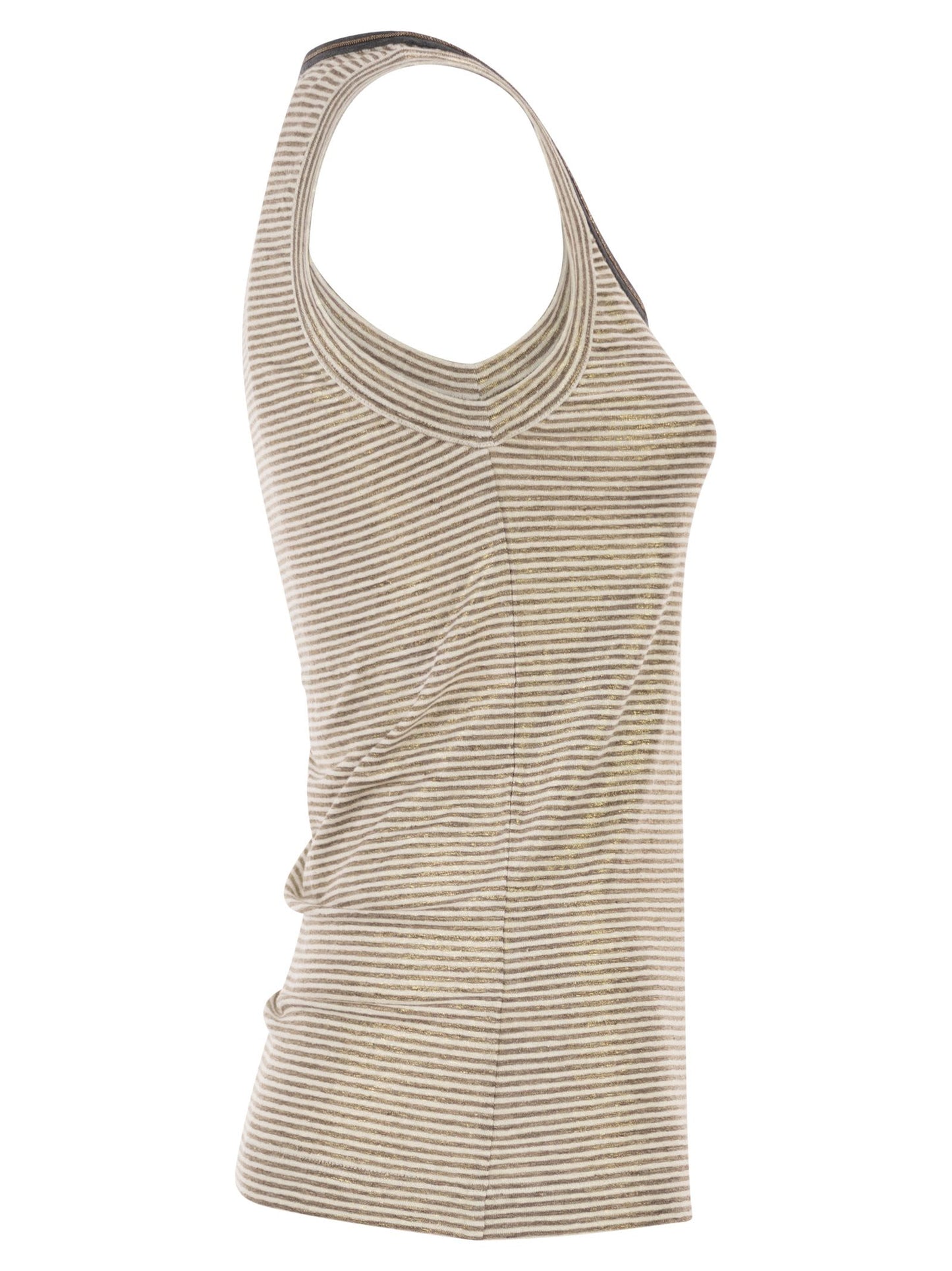 Brunello Cucinelli Women Linen Striped Crew Neck Top With Contrasting Trim And Necklace BRUNELLO CUCINELLI