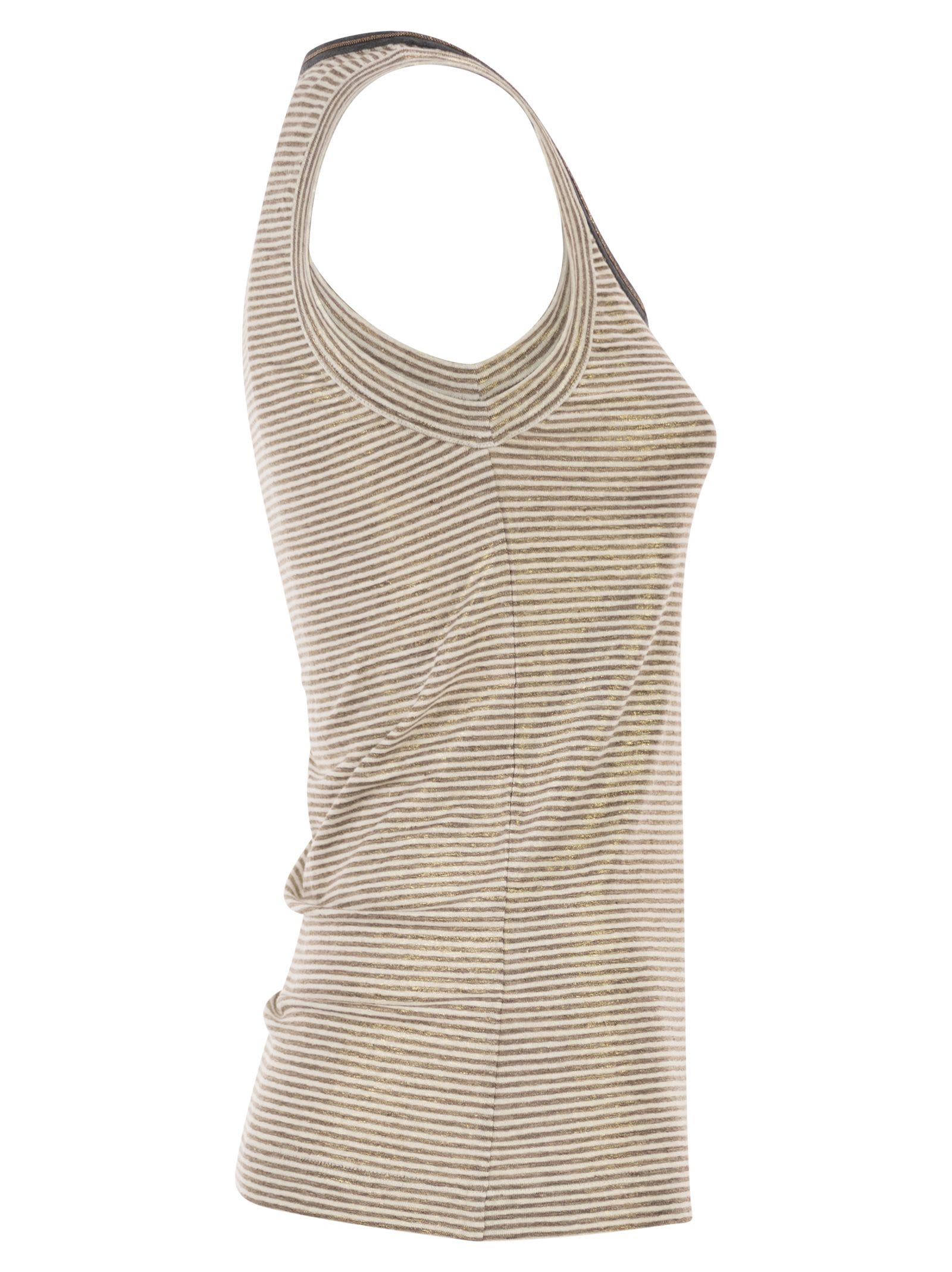 Brunello Cucinelli Women Linen Striped Crew Neck Top With Contrasting Trim And Necklace BRUNELLO CUCINELLI