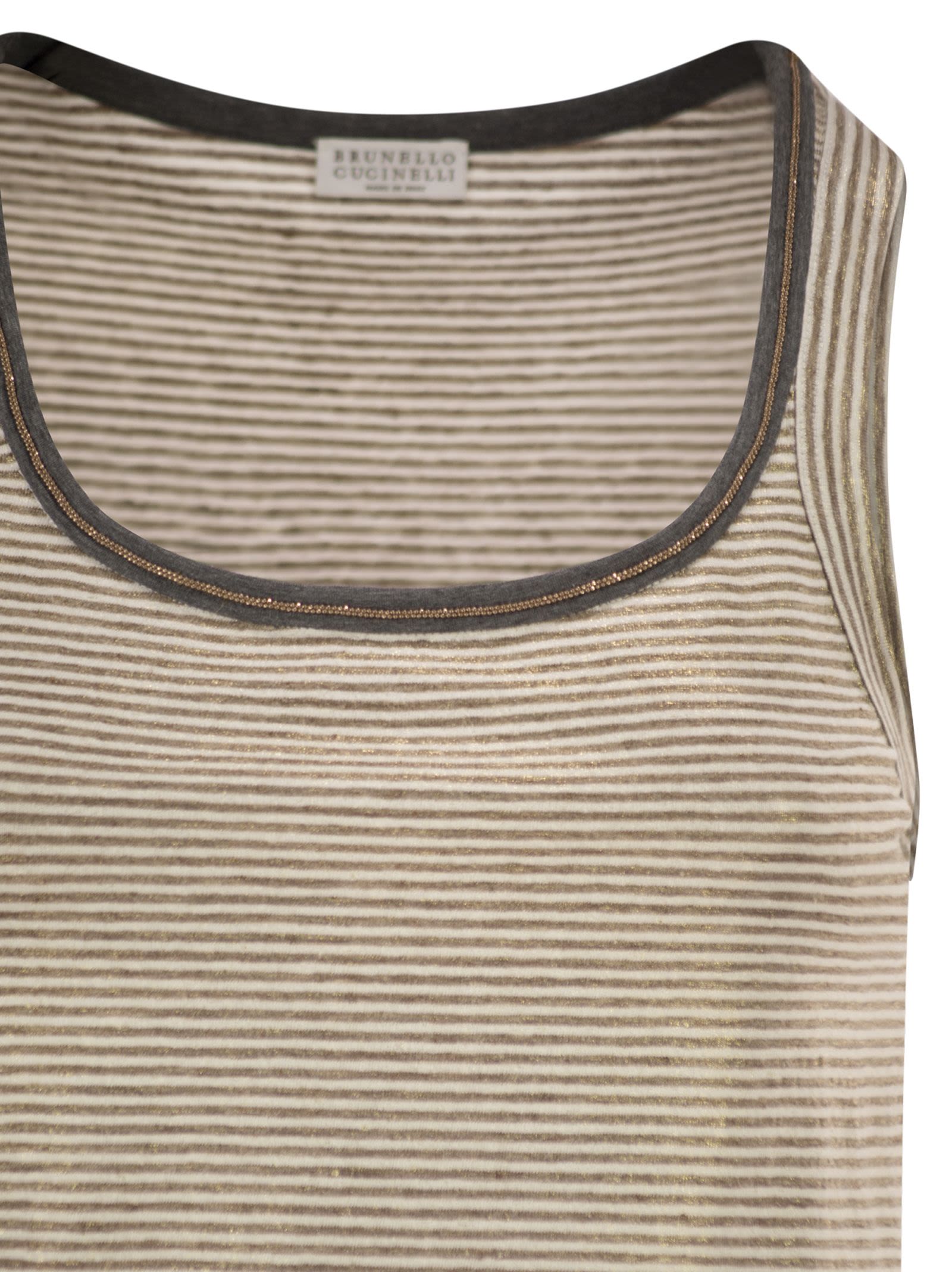 Brunello Cucinelli Women Linen Striped Crew Neck Top With Contrasting Trim And Necklace BRUNELLO CUCINELLI