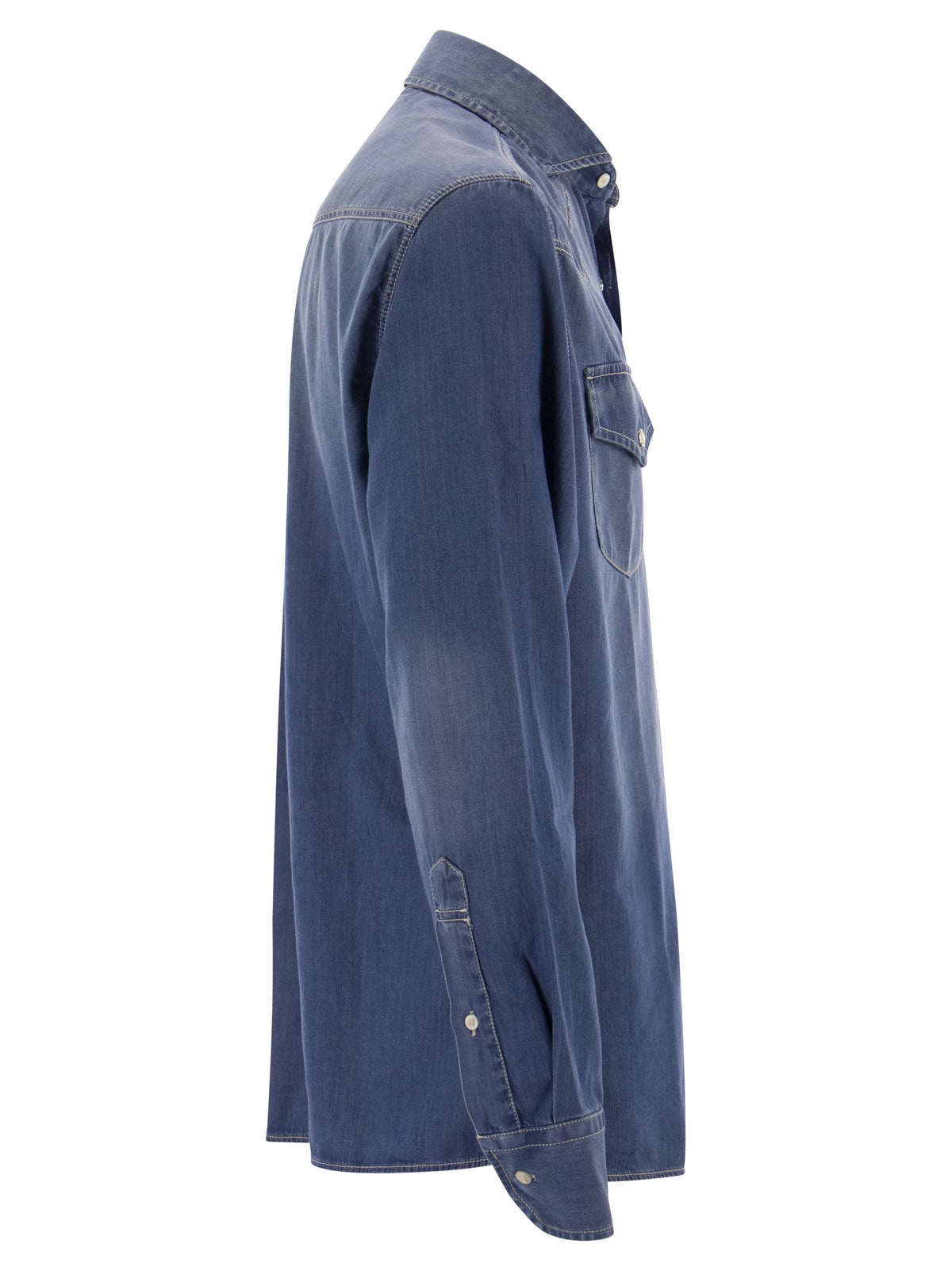 Brunello Cucinelli Men Easy Fit Shirt In Light Denim With Press Studs BRUNELLO CUCINELLI