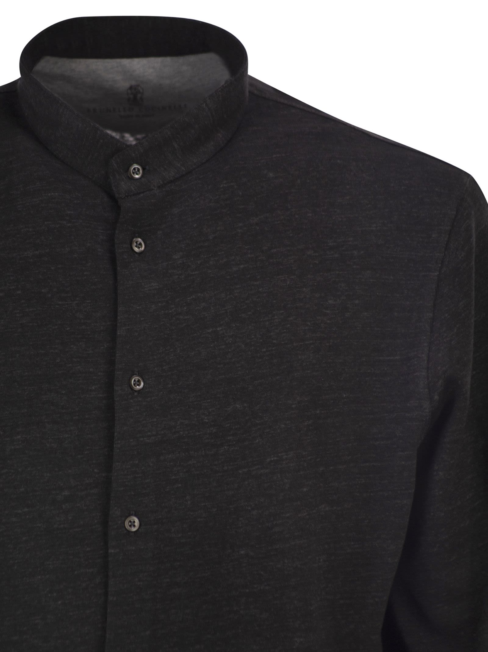 Brunello Cucinelli Men Linen And Cotton Shirt With Band Collar BRUNELLO CUCINELLI