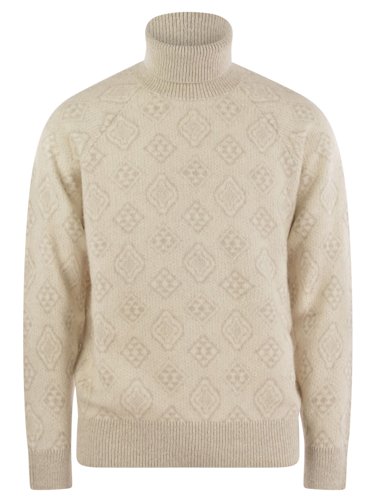 Brunello Cucinelli Men Geometric Jacquard Turtleneck Sweater In Alpaca, Cotton And Wool BRUNELLO CUCINELLI