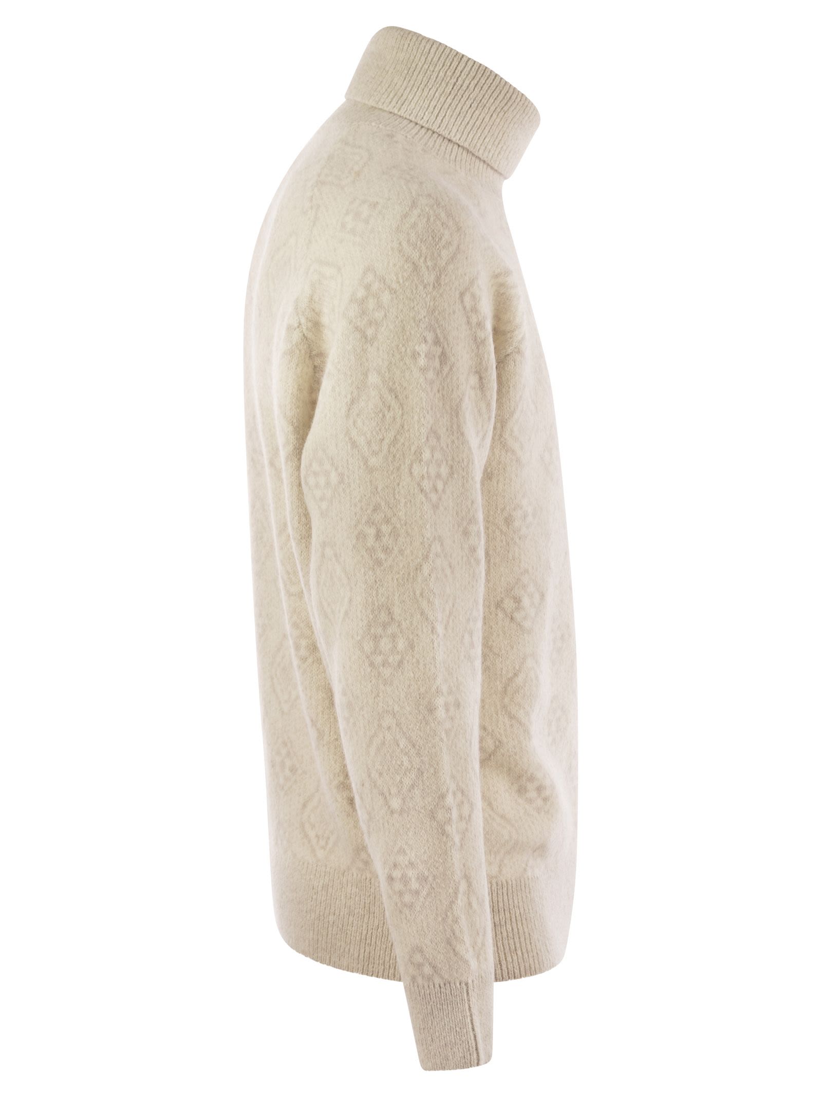 Brunello Cucinelli Men Geometric Jacquard Turtleneck Sweater In Alpaca, Cotton And Wool BRUNELLO CUCINELLI