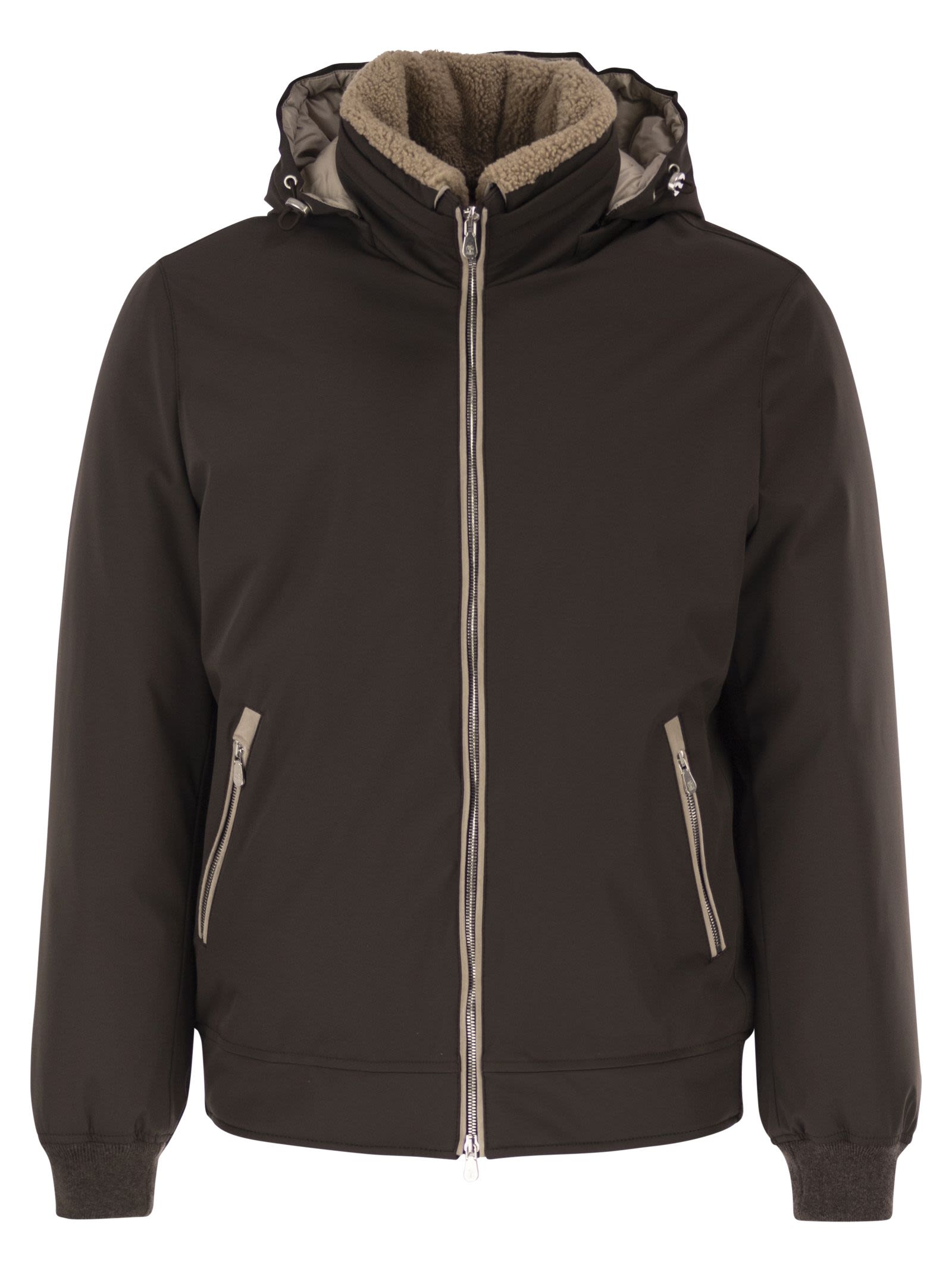 Brunello Cucinelli Men Padded Hooded Bomber Jacket With Shearling Details BRUNELLO CUCINELLI