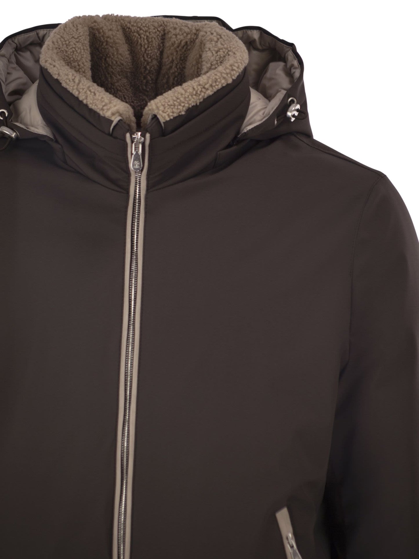 Brunello Cucinelli Men Padded Hooded Bomber Jacket With Shearling Details BRUNELLO CUCINELLI