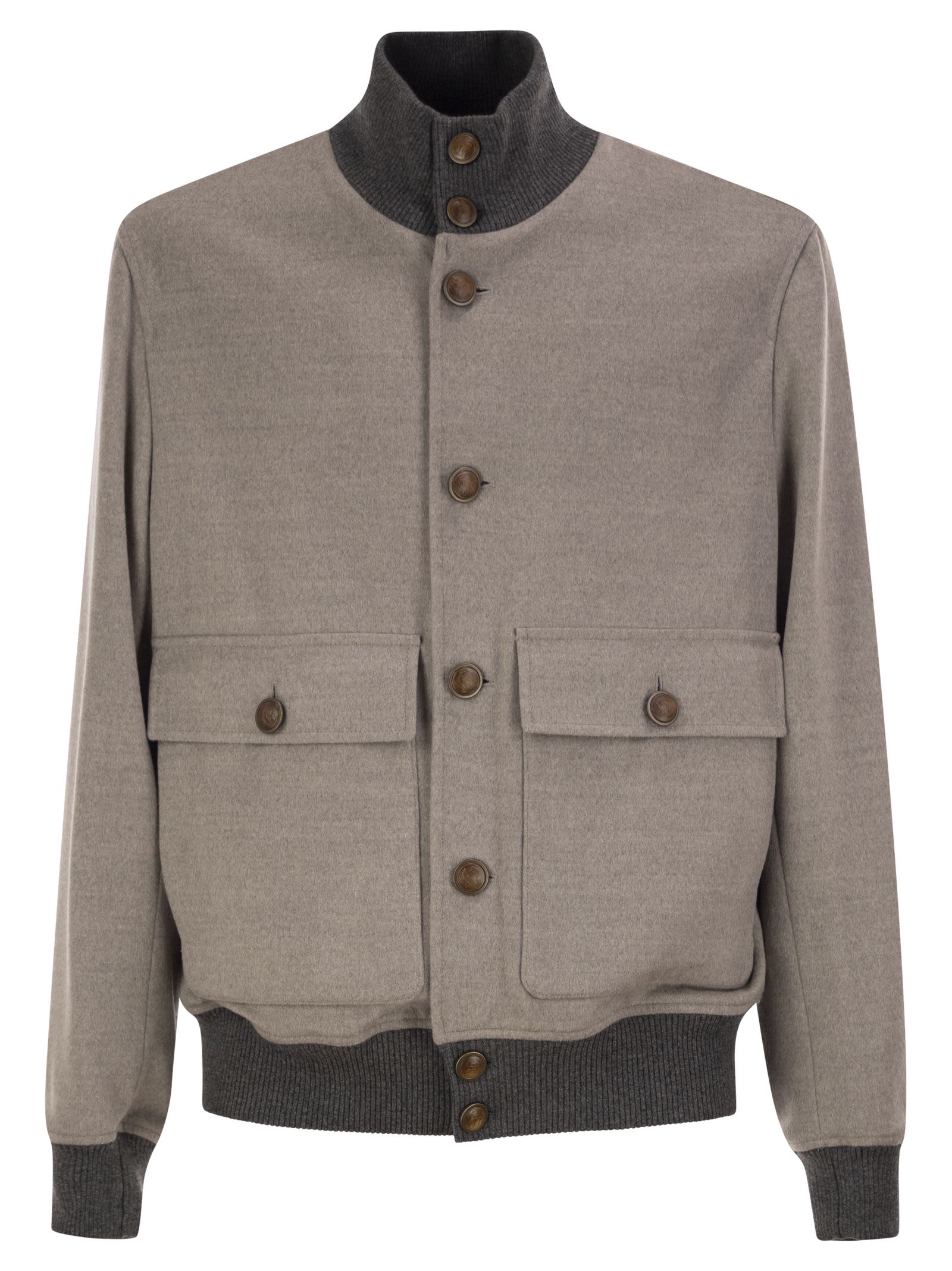 Brunello Cucinelli Men Virgin Wool Bomber Jacket With Cashmere Knit Details BRUNELLO CUCINELLI