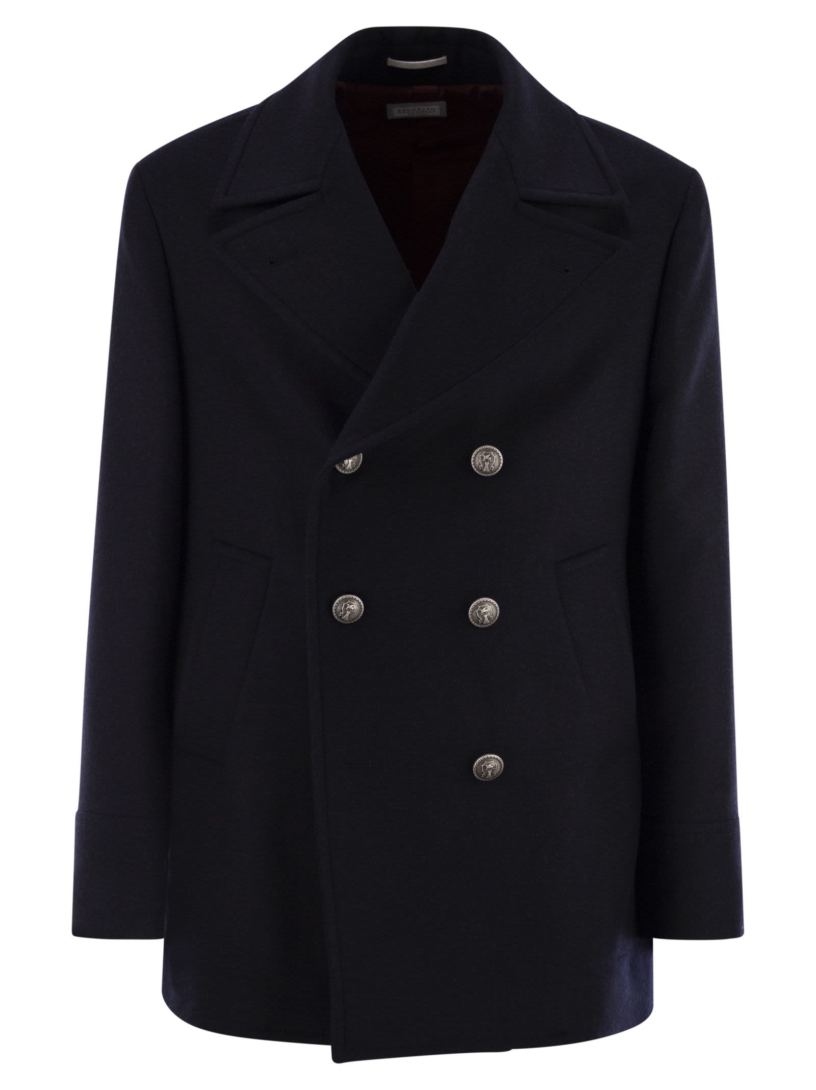 Brunello Cucinelli Men Double Wool Flannel Pea Coat With Metal Buttons BRUNELLO CUCINELLI