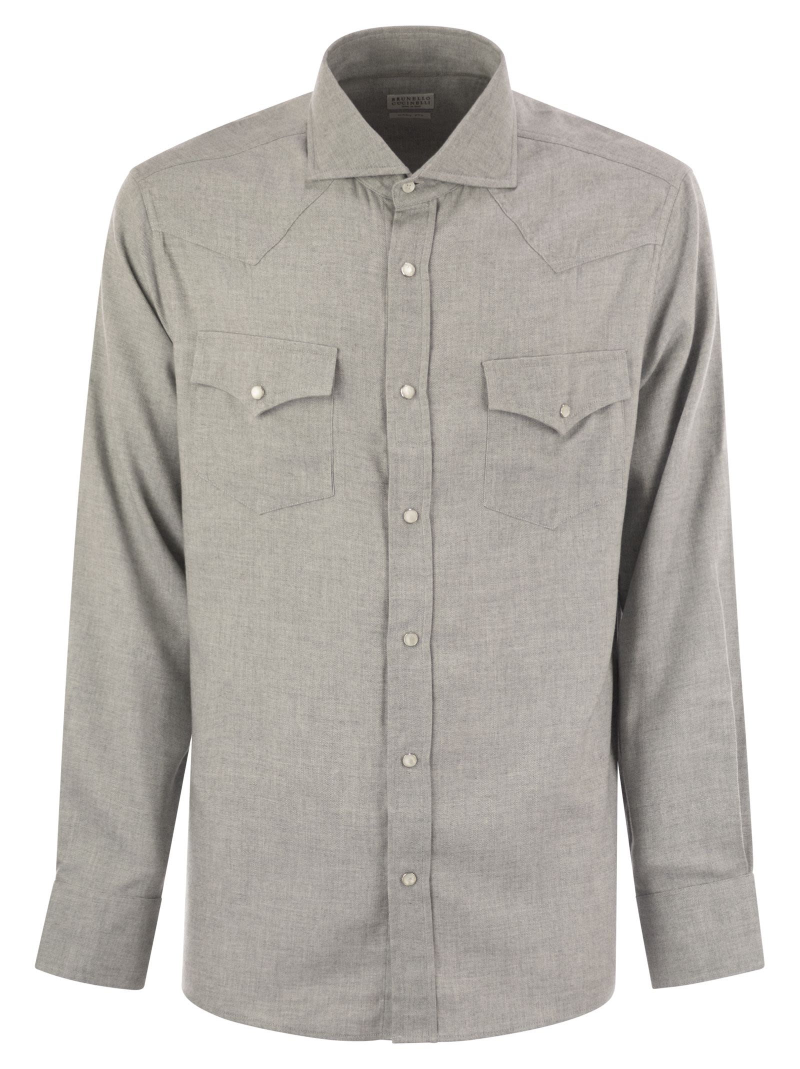 Brunello Cucinelli Men Stretch Cotton Chevron Flannel Easy Fit Shirt With Snap Buttons, Epaulettes And Pockets BRUNELLO CUCINELLI