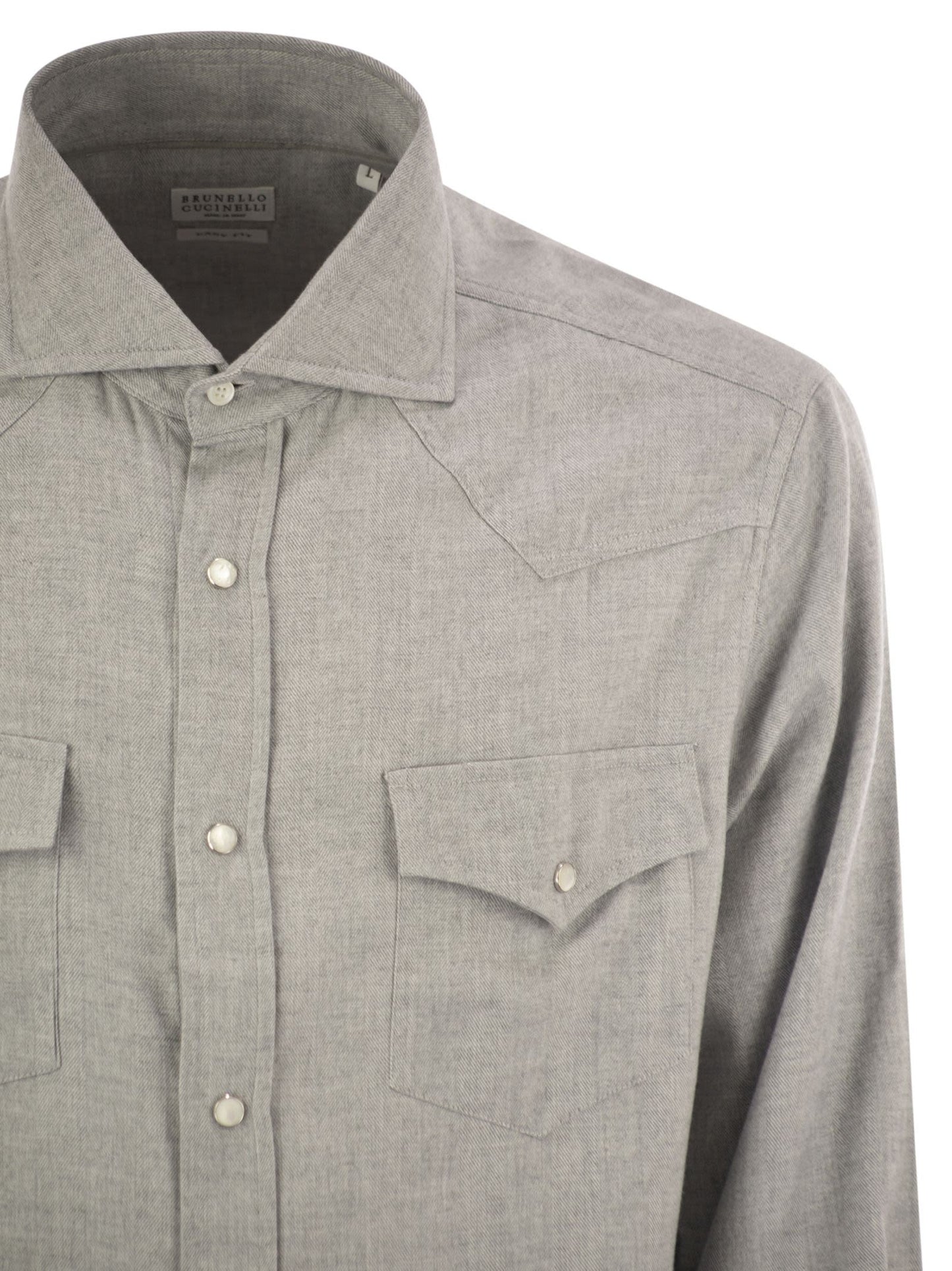 Brunello Cucinelli Men Stretch Cotton Chevron Flannel Easy Fit Shirt With Snap Buttons, Epaulettes And Pockets BRUNELLO CUCINELLI