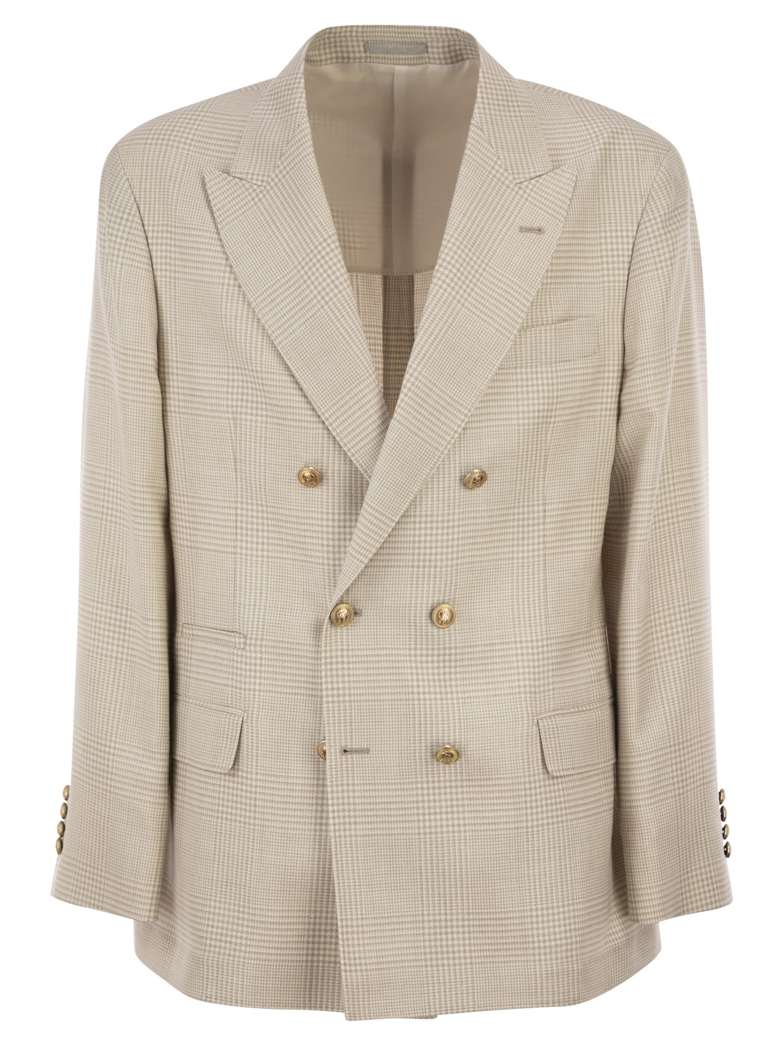 Brunello Cucinelli Men Deconstructed One-And-A-Half-Breasted Jacket In Virgin Wool, Silk And Linen Prince Of Wales Check With Metal Buttons BRUNELLO CUCINELLI