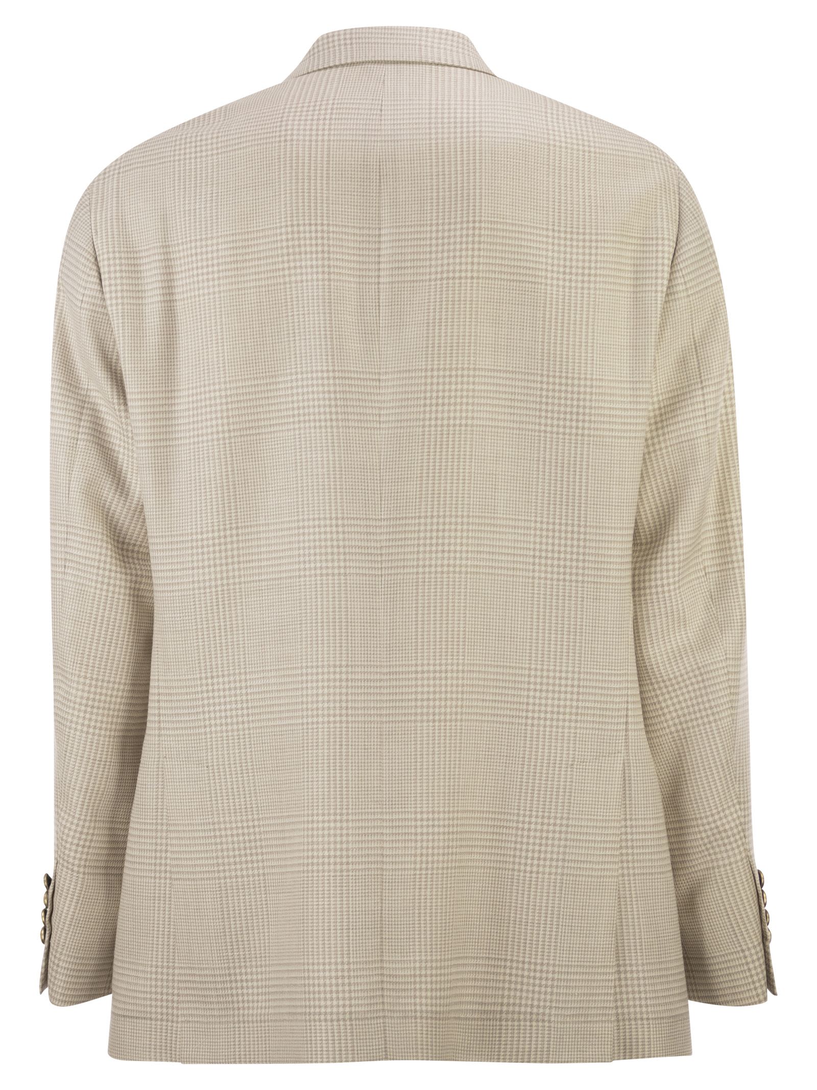 Brunello Cucinelli Men Deconstructed One-And-A-Half-Breasted Jacket In Virgin Wool, Silk And Linen Prince Of Wales Check With Metal Buttons BRUNELLO CUCINELLI
