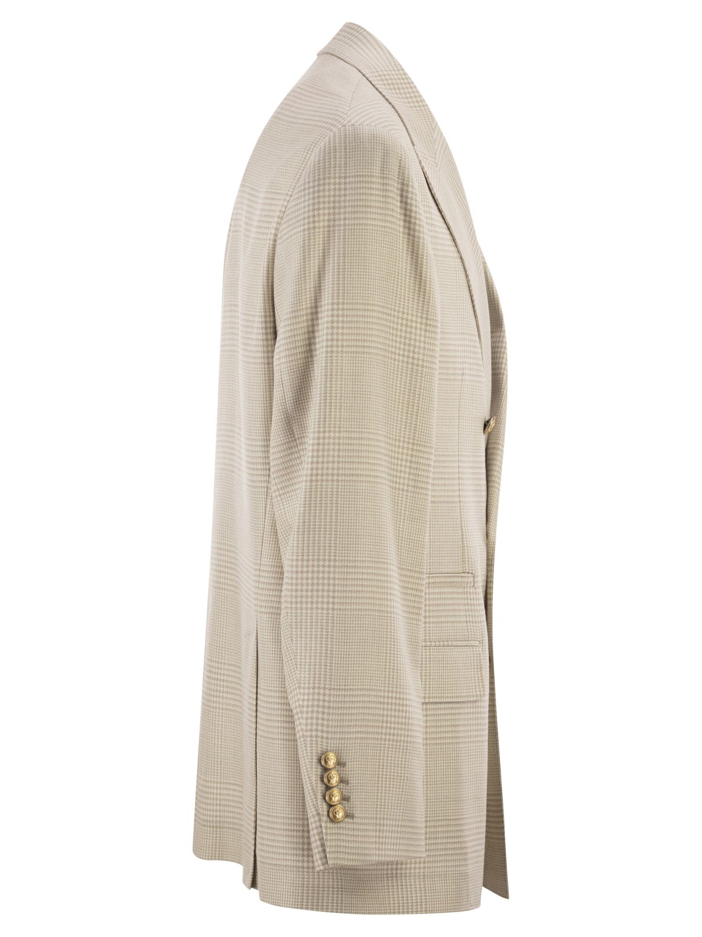 Brunello Cucinelli Men Deconstructed One-And-A-Half-Breasted Jacket In Virgin Wool, Silk And Linen Prince Of Wales Check With Metal Buttons BRUNELLO CUCINELLI