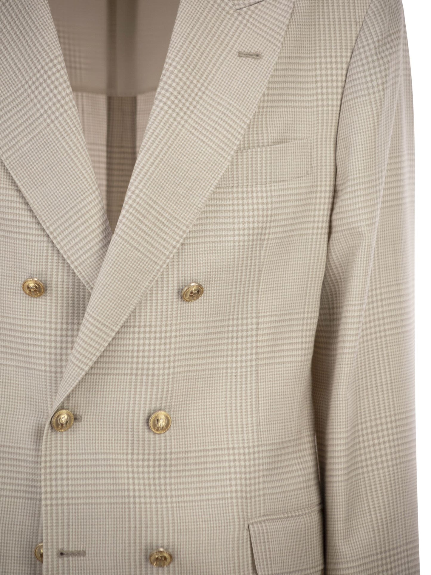 Brunello Cucinelli Men Deconstructed One-And-A-Half-Breasted Jacket In Virgin Wool, Silk And Linen Prince Of Wales Check With Metal Buttons BRUNELLO CUCINELLI