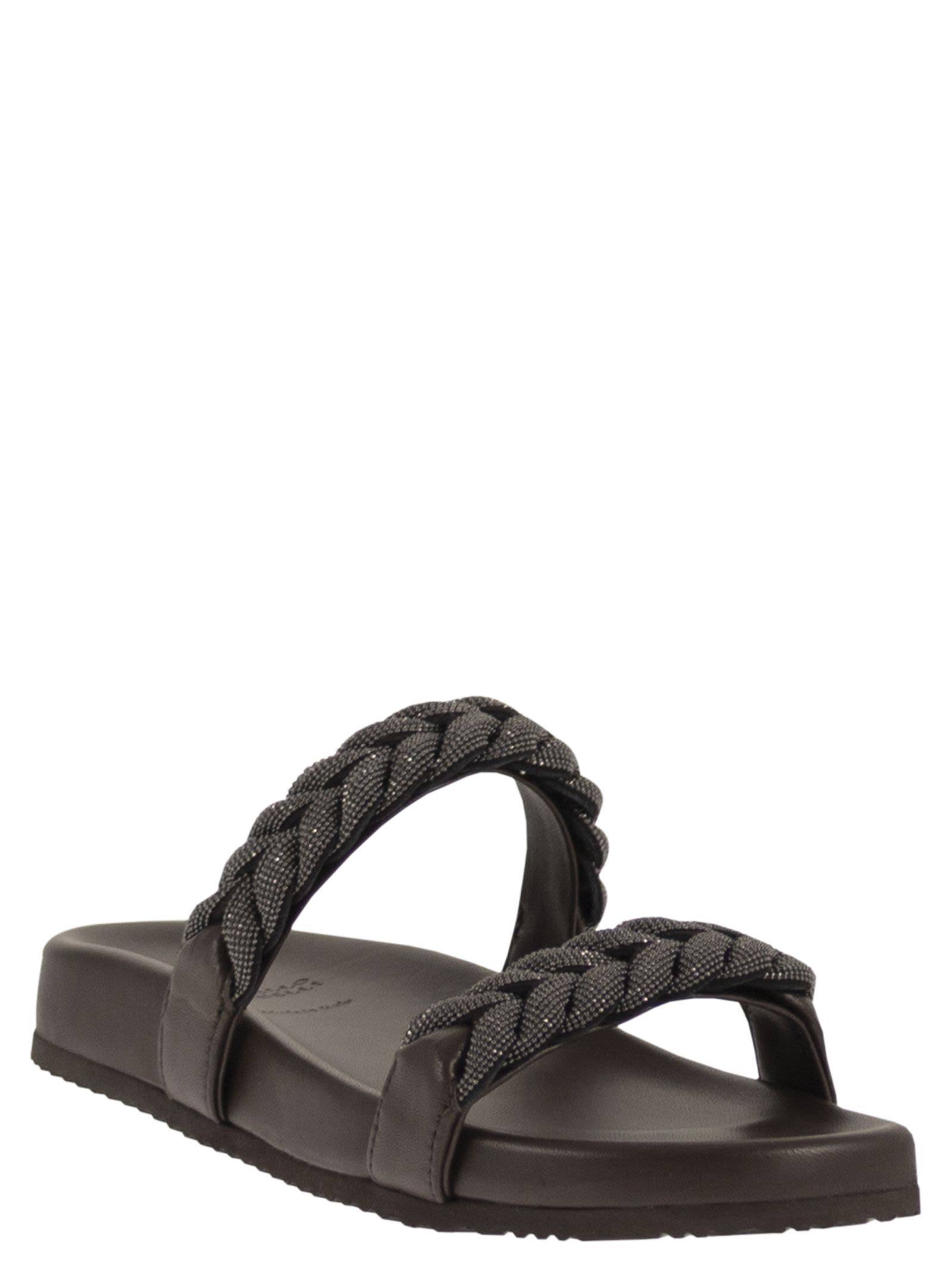 Brunello Cucinelli Women Leather Slide Sandals With Braided Straps BRUNELLO CUCINELLI