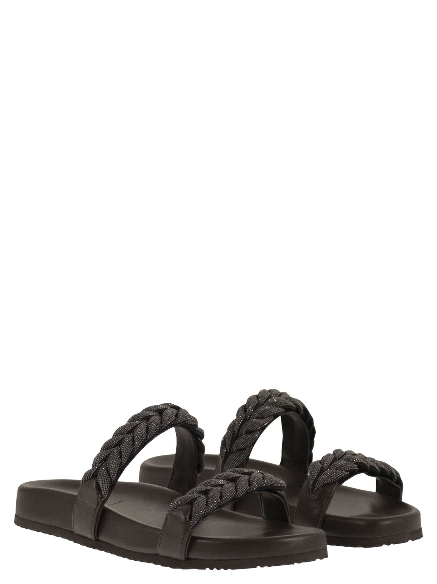 Brunello Cucinelli Women Leather Slide Sandals With Braided Straps BRUNELLO CUCINELLI