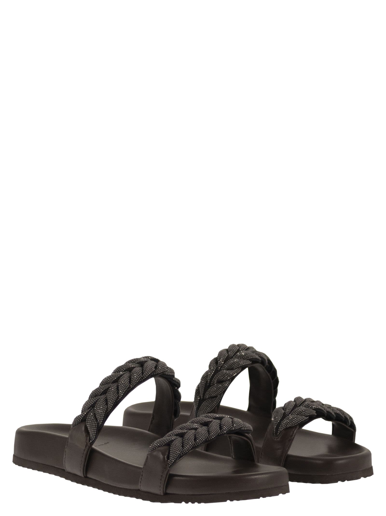 Brunello Cucinelli Women Leather Slide Sandals With Braided Straps BRUNELLO CUCINELLI