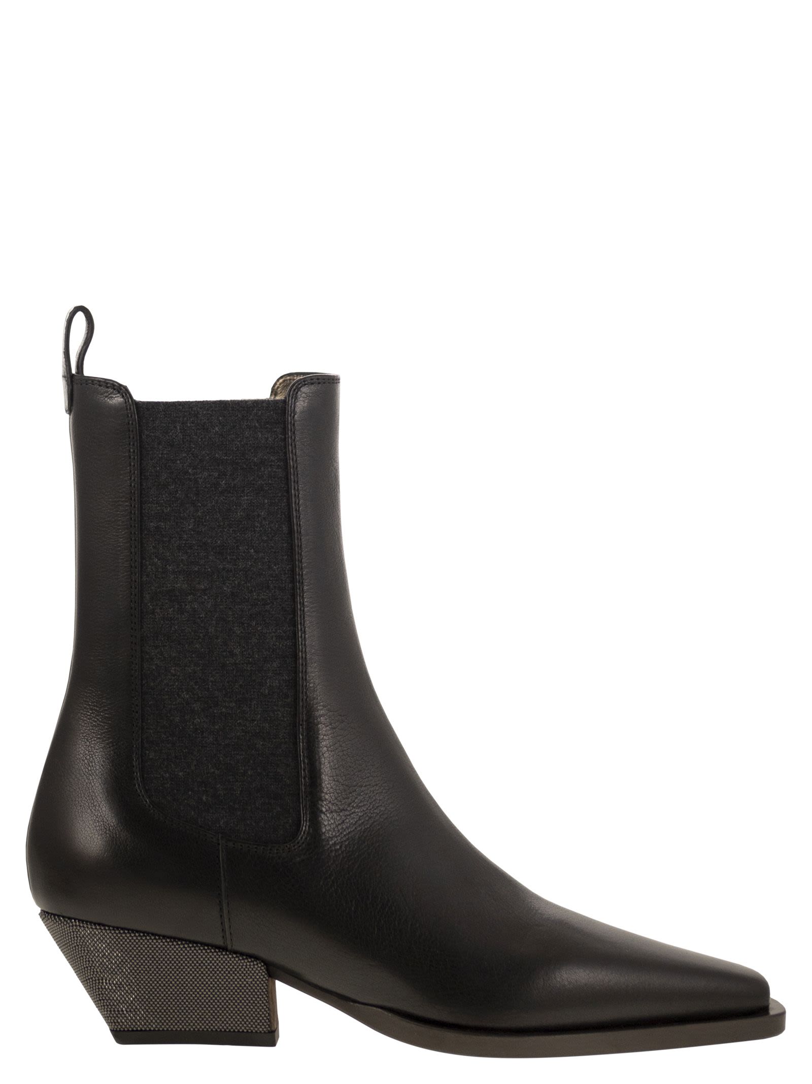 Brunello Cucinelli Women Classic Leather Chelsea Boot With Precious Block Heels BRUNELLO CUCINELLI