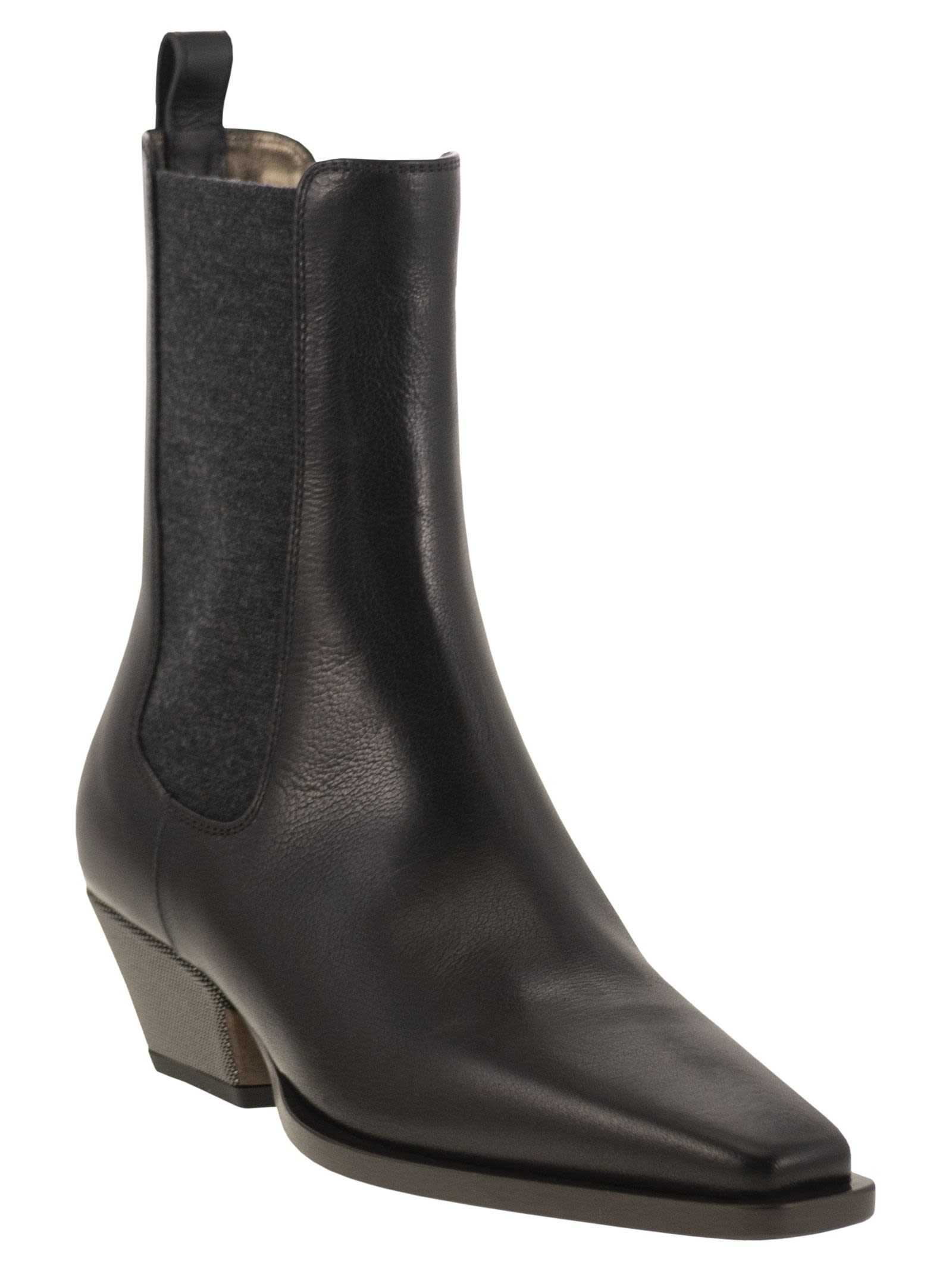 Brunello Cucinelli Women Classic Leather Chelsea Boot With Precious Block Heels BRUNELLO CUCINELLI