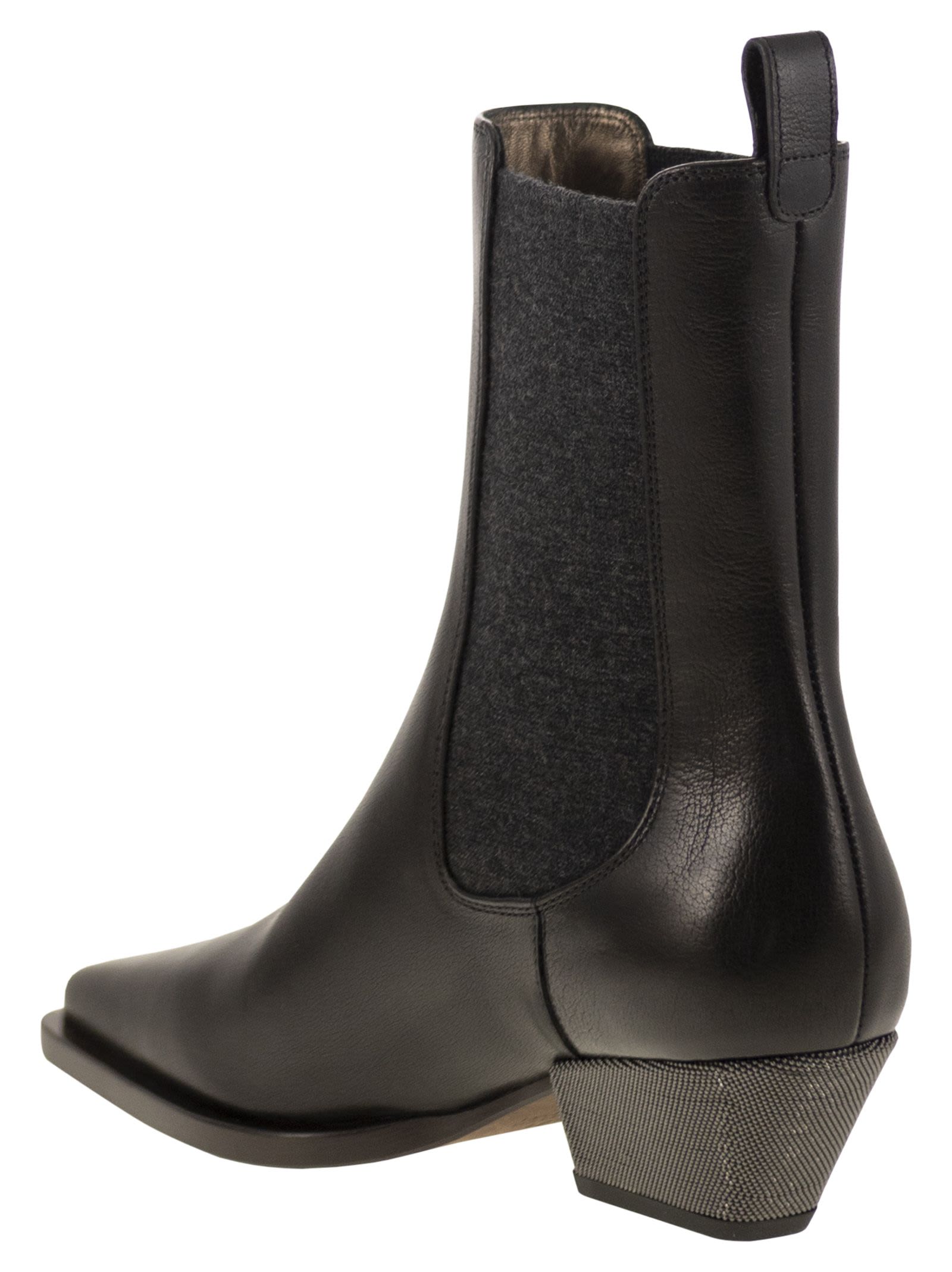 Brunello Cucinelli Women Classic Leather Chelsea Boot With Precious Block Heels BRUNELLO CUCINELLI