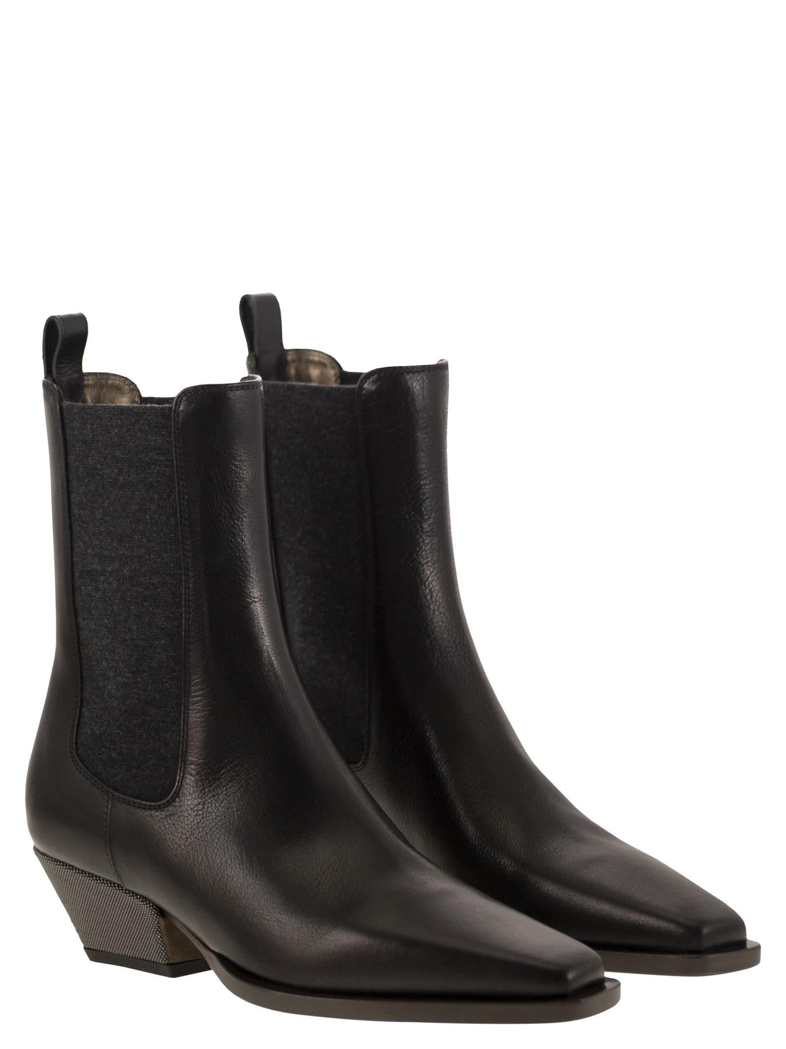 Brunello Cucinelli Women Classic Leather Chelsea Boot With Precious Block Heels BRUNELLO CUCINELLI