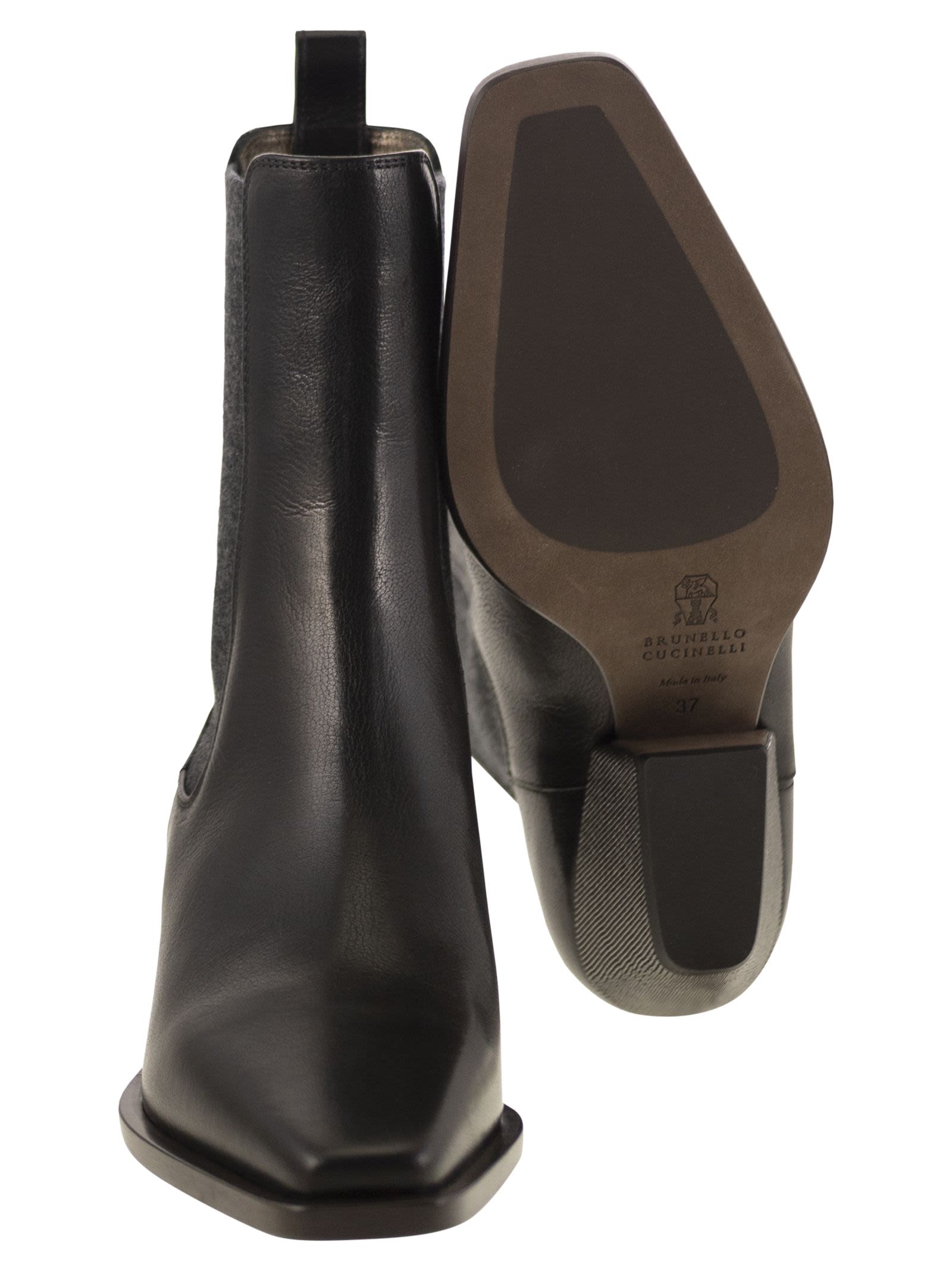 Brunello Cucinelli Women Classic Leather Chelsea Boot With Precious Block Heels BRUNELLO CUCINELLI