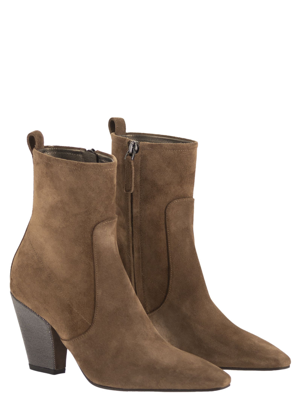 Brunello Cucinelli Women Suede Ankle Boots With Jewelled Heel BRUNELLO CUCINELLI