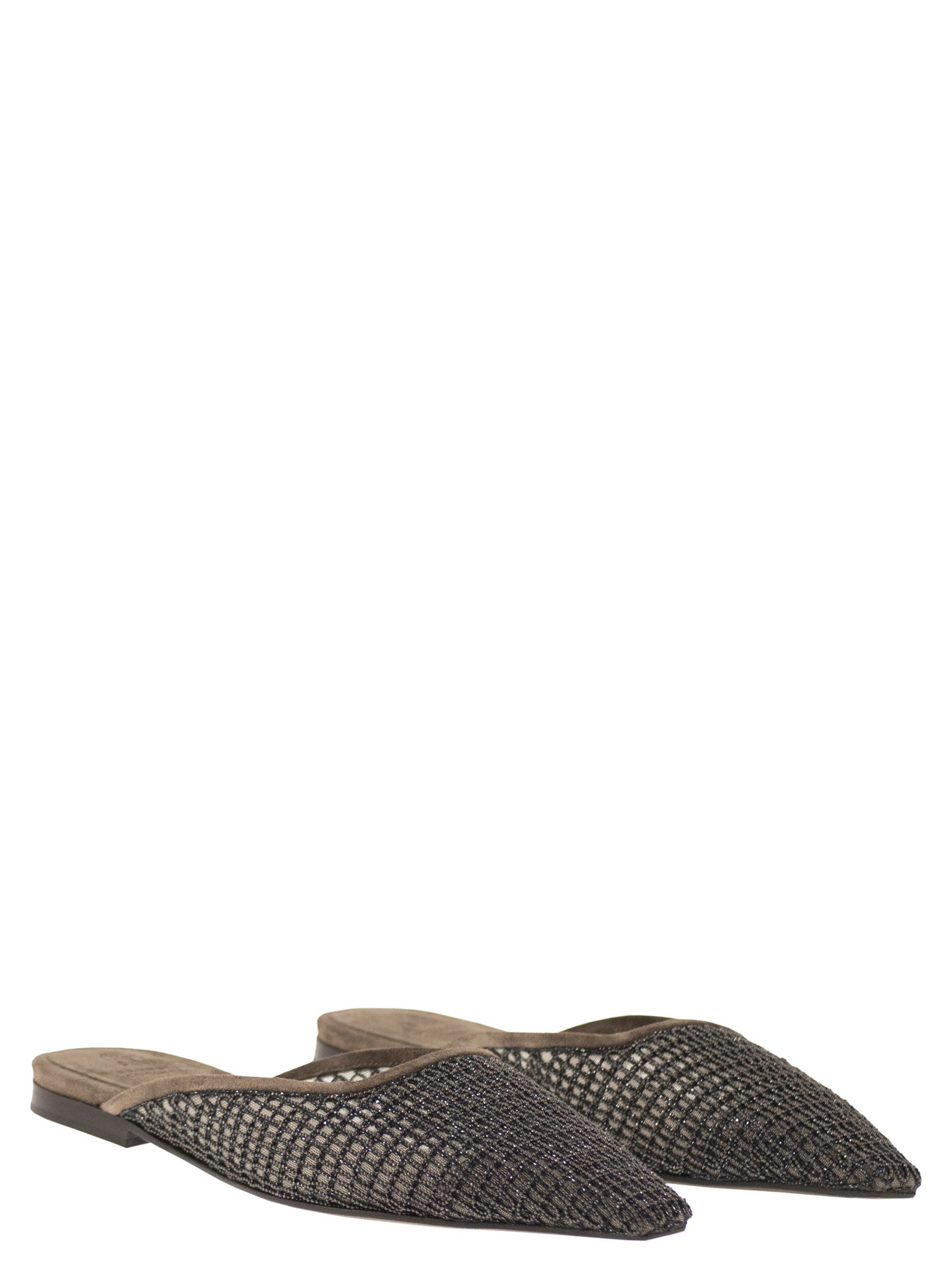 Brunello Cucinelli Women Suede Mules With Precious Net Embroidery BRUNELLO CUCINELLI