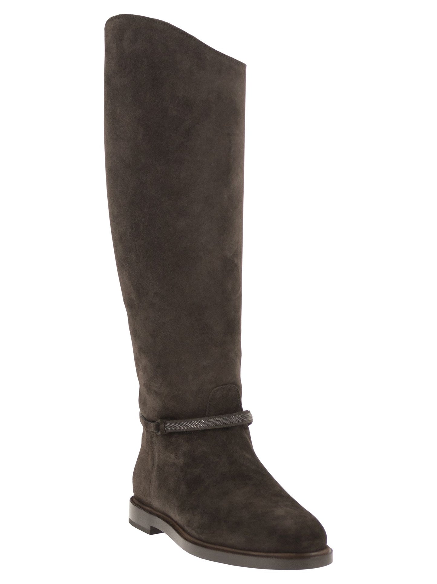 Brunello Cucinelli Women Suede Leather Knee-High Boots With Monili Detail BRUNELLO CUCINELLI