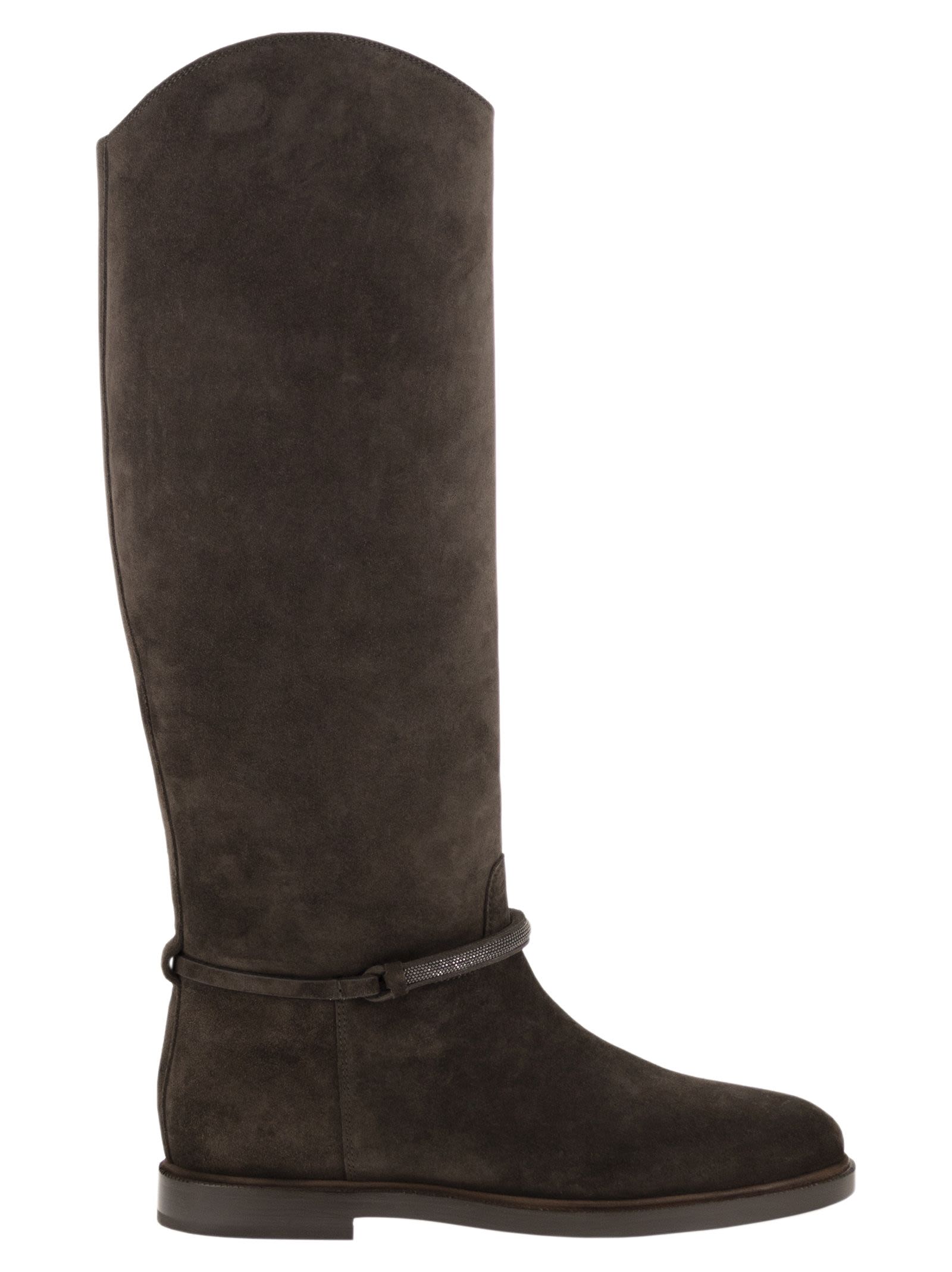Brunello Cucinelli Women Suede Leather Knee-High Boots With Monili Detail BRUNELLO CUCINELLI