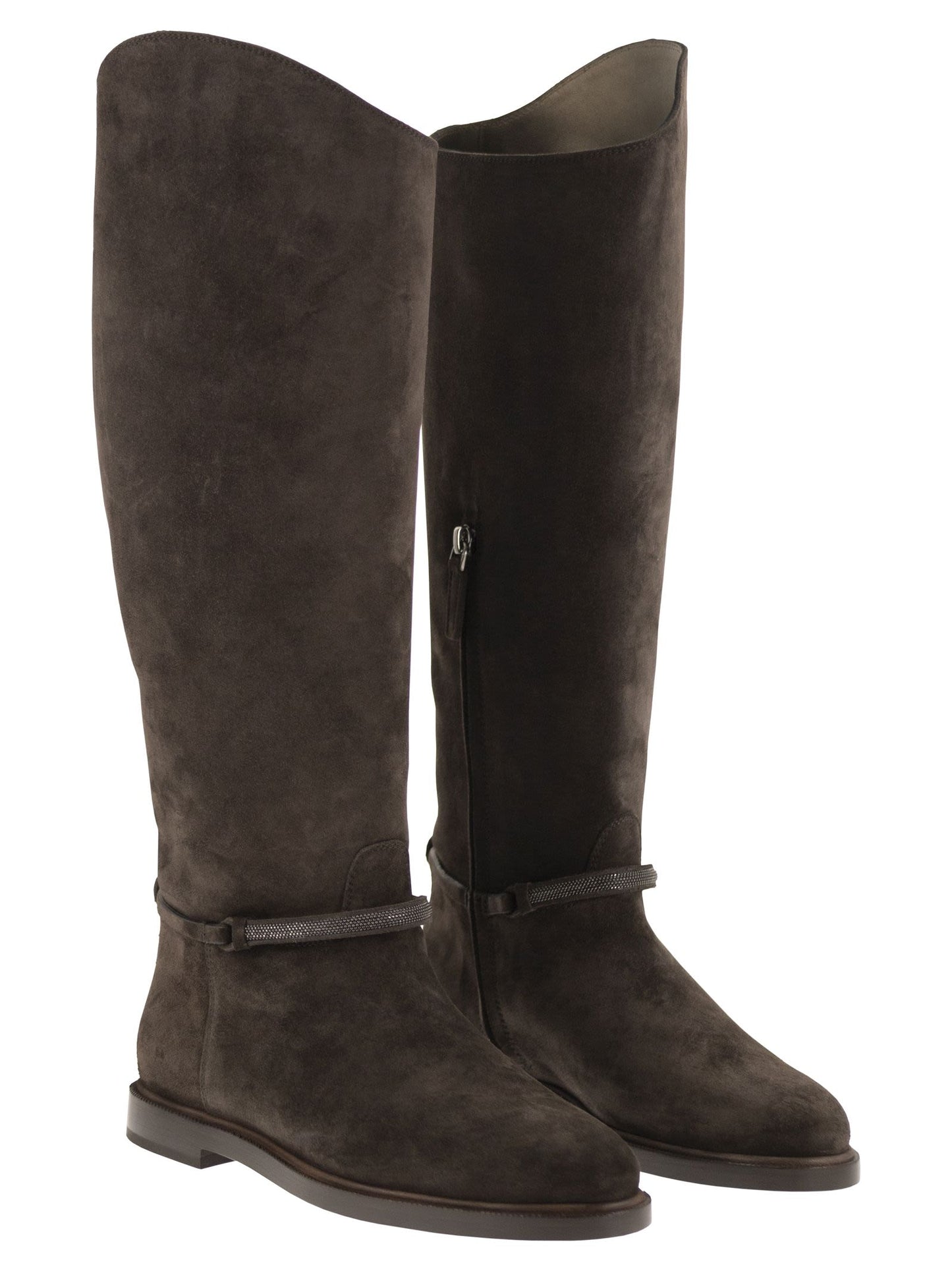 Brunello Cucinelli Women Suede Leather Knee-High Boots With Monili Detail BRUNELLO CUCINELLI