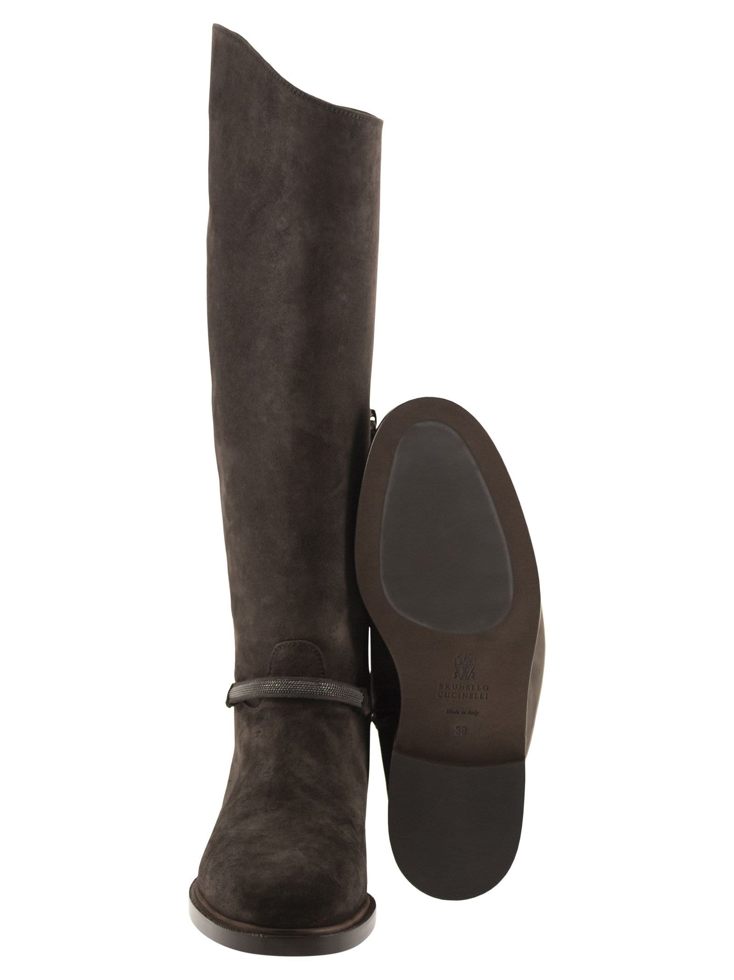Brunello Cucinelli Women Suede Leather Knee-High Boots With Monili Detail BRUNELLO CUCINELLI