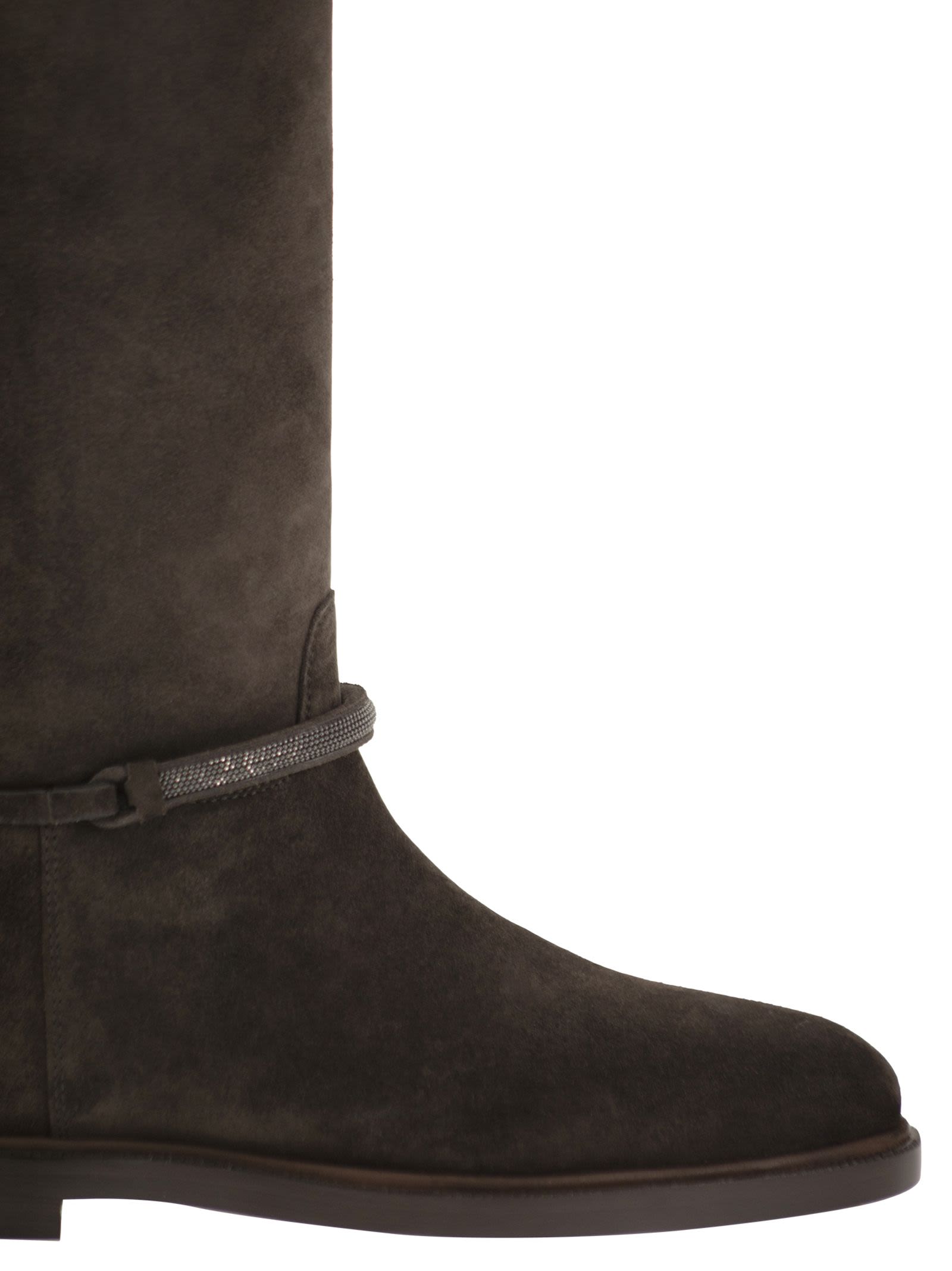 Brunello Cucinelli Women Suede Leather Knee-High Boots With Monili Detail BRUNELLO CUCINELLI