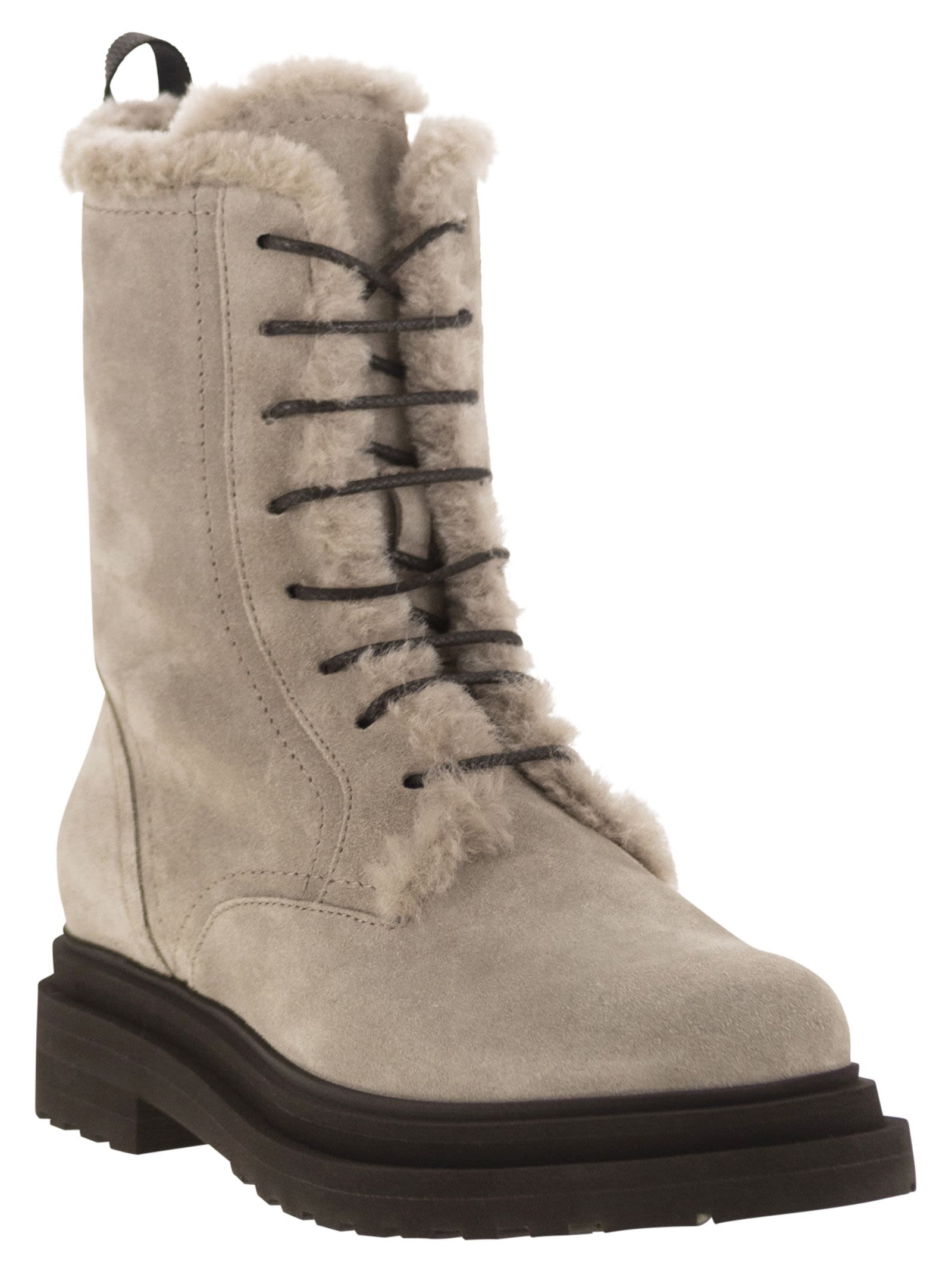 Brunello Cucinelli Women Suede Boot With Shearling Lining And Shiny Loop Detail BRUNELLO CUCINELLI