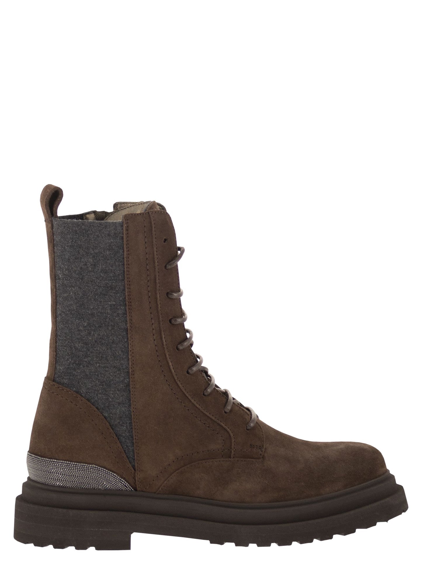 Brunello Cucinelli Women Suede Combat Boots With Cashmere Panels And Monili Trim