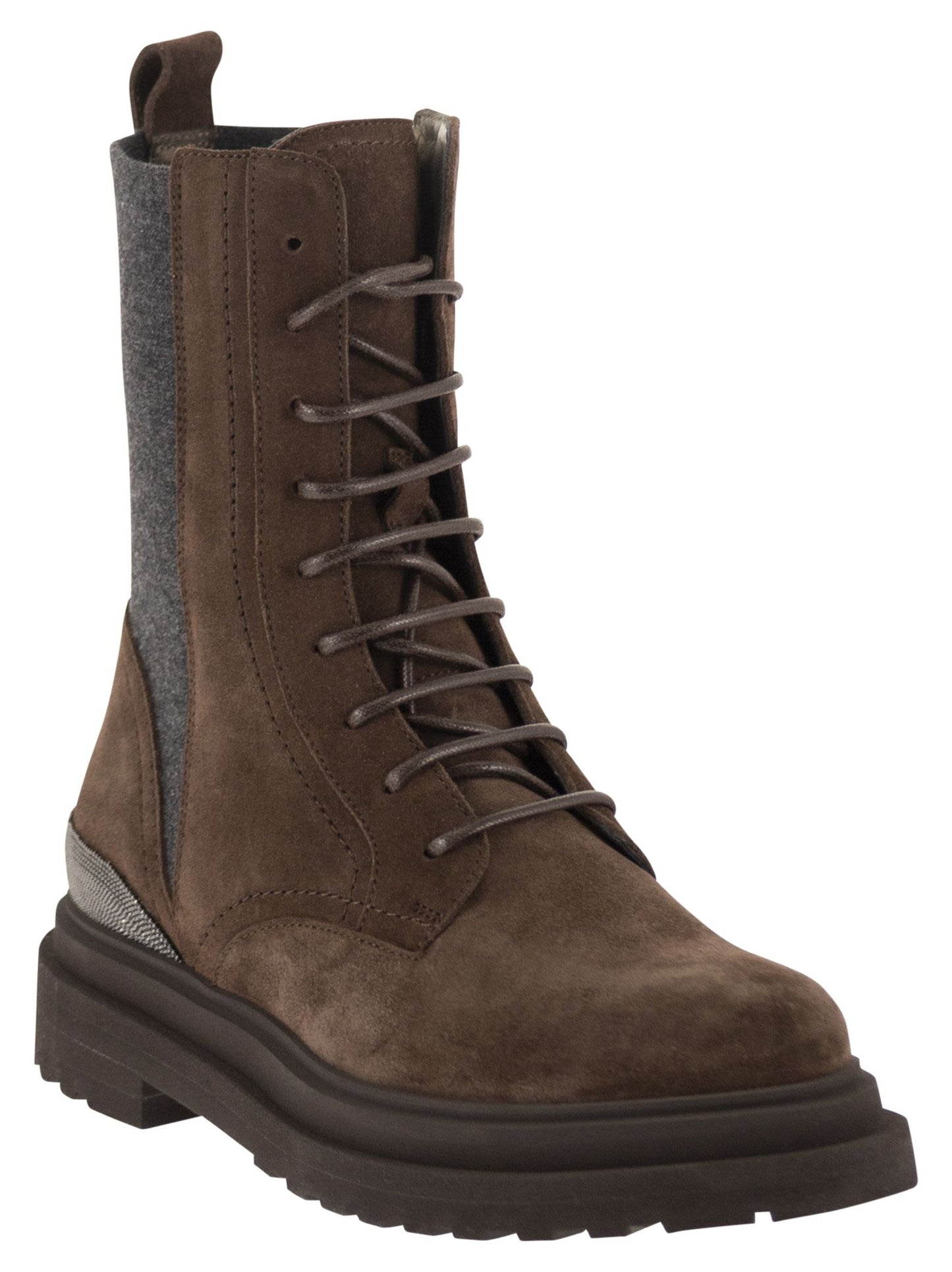 Brunello Cucinelli Women Suede Combat Boots With Cashmere Panels And Monili Trim