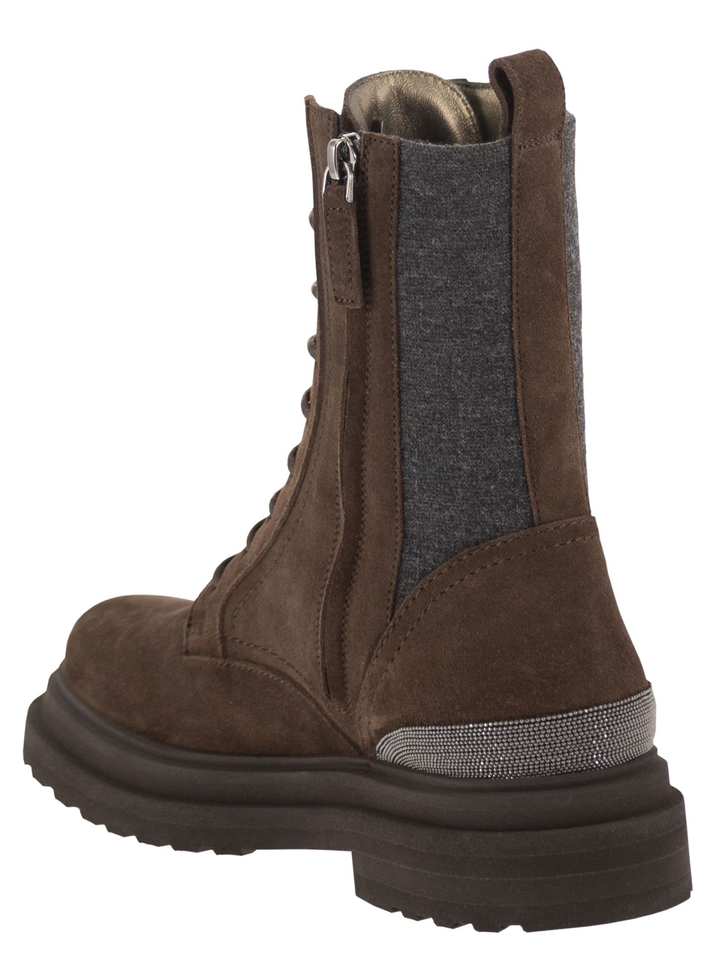 Brunello Cucinelli Women Suede Combat Boots With Cashmere Panels And Monili Trim