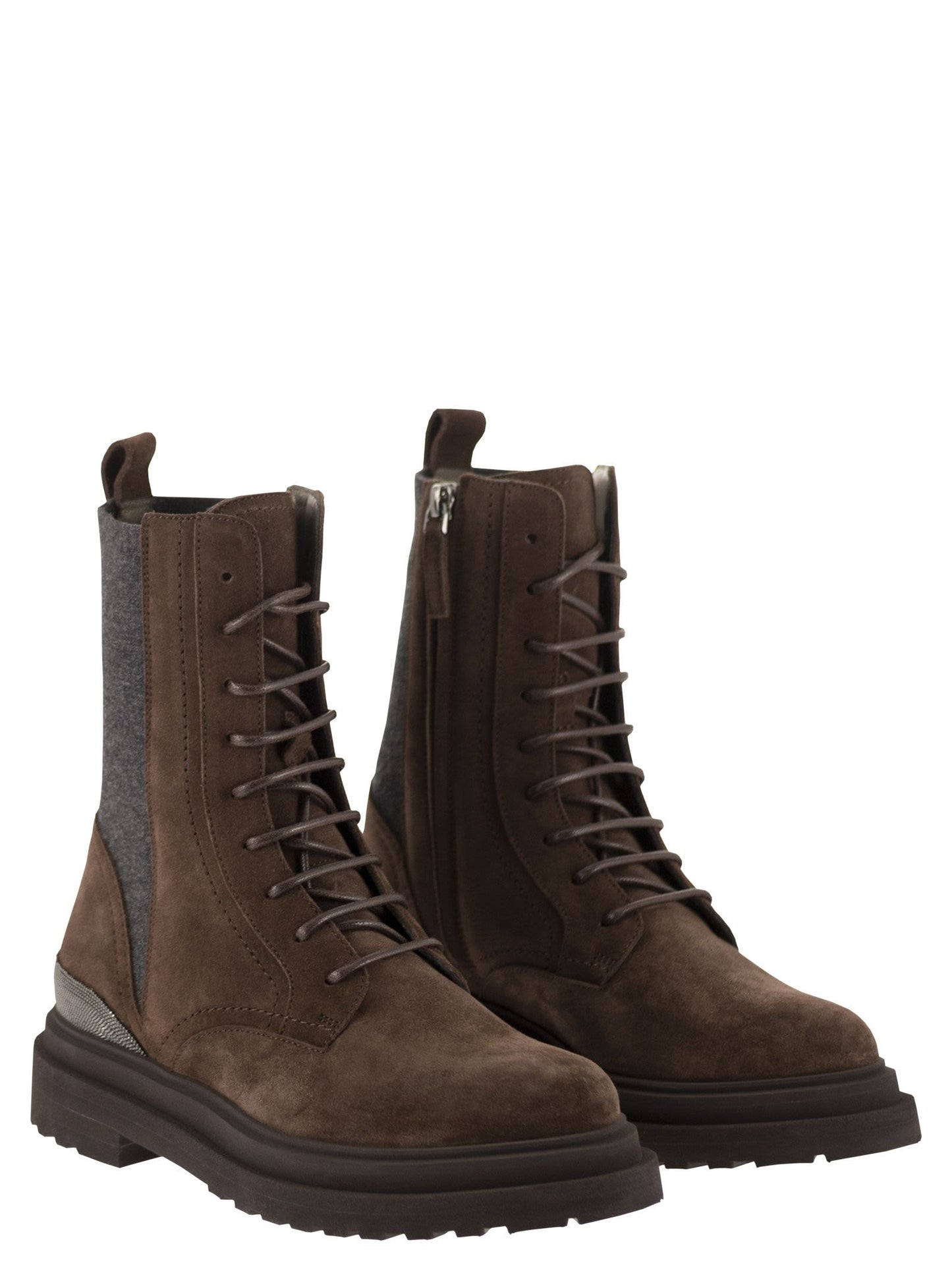 Brunello Cucinelli Women Suede Combat Boots With Cashmere Panels And Monili Trim