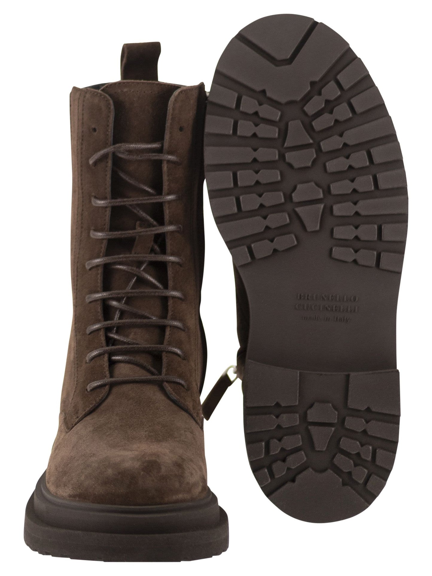 Brunello Cucinelli Women Suede Combat Boots With Cashmere Panels And Monili Trim