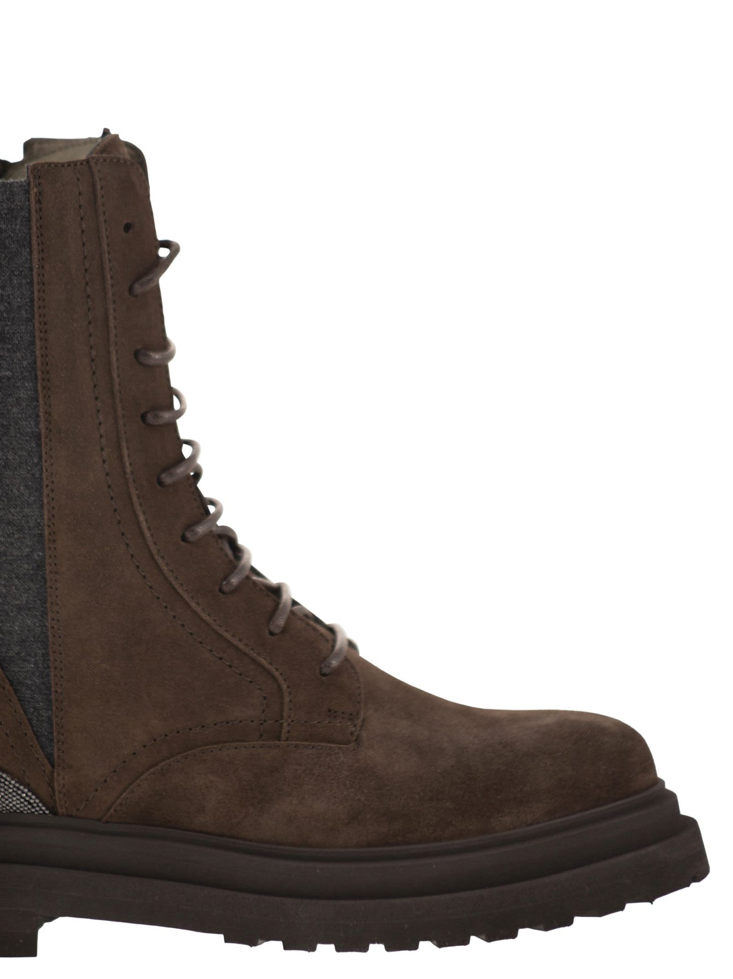 Brunello Cucinelli Women Suede Combat Boots With Cashmere Panels And Monili Trim