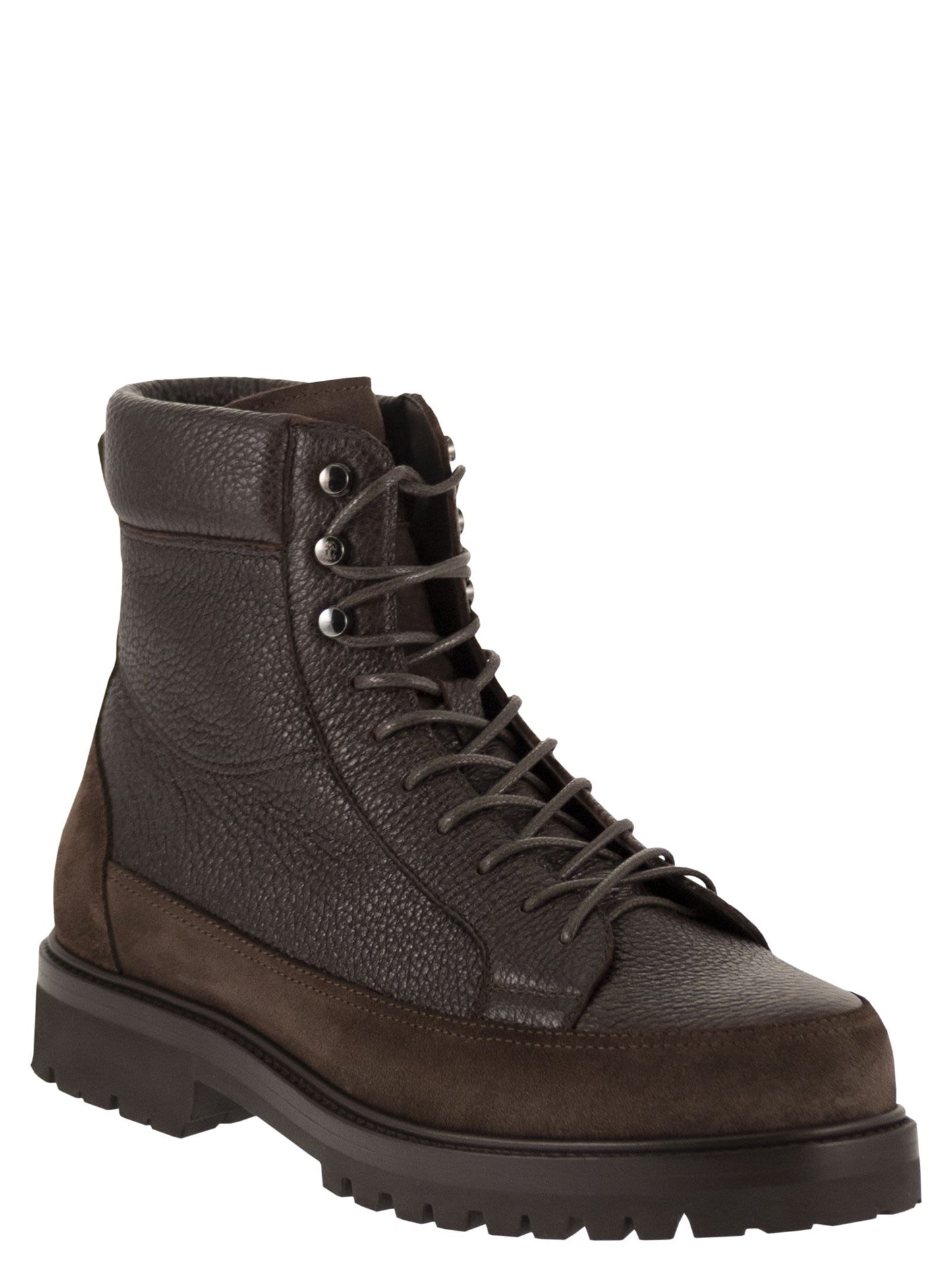 Brunello Cucinelli Men Grained Leather And Suede Lace-Up Boots