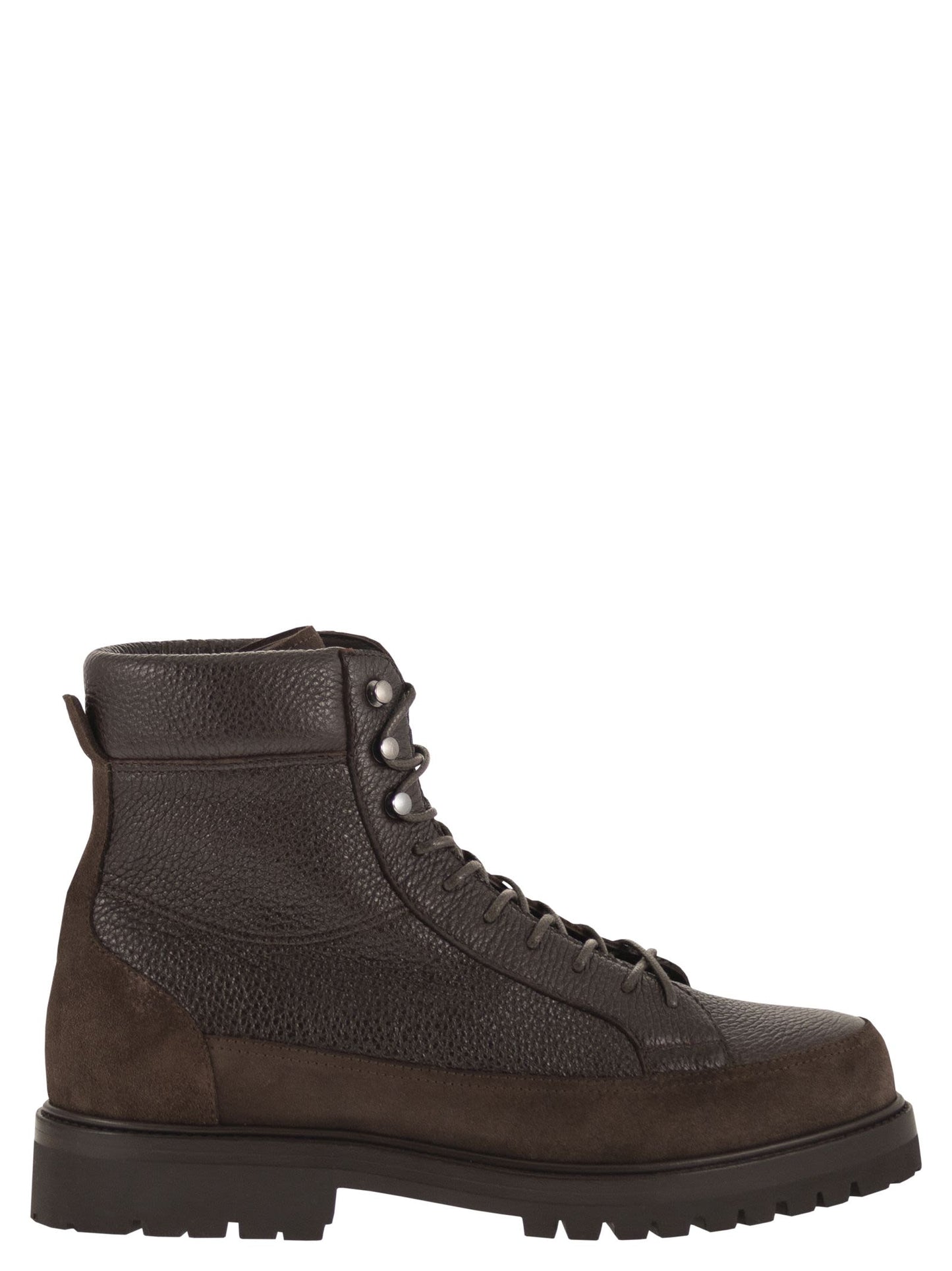 Brunello Cucinelli Men Grained Leather And Suede Lace-Up Boots