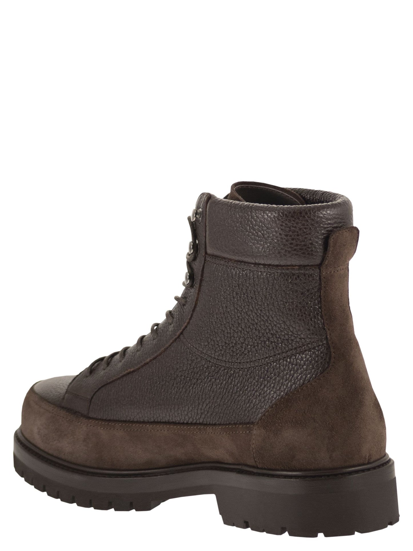 Brunello Cucinelli Men Grained Leather And Suede Lace-Up Boots