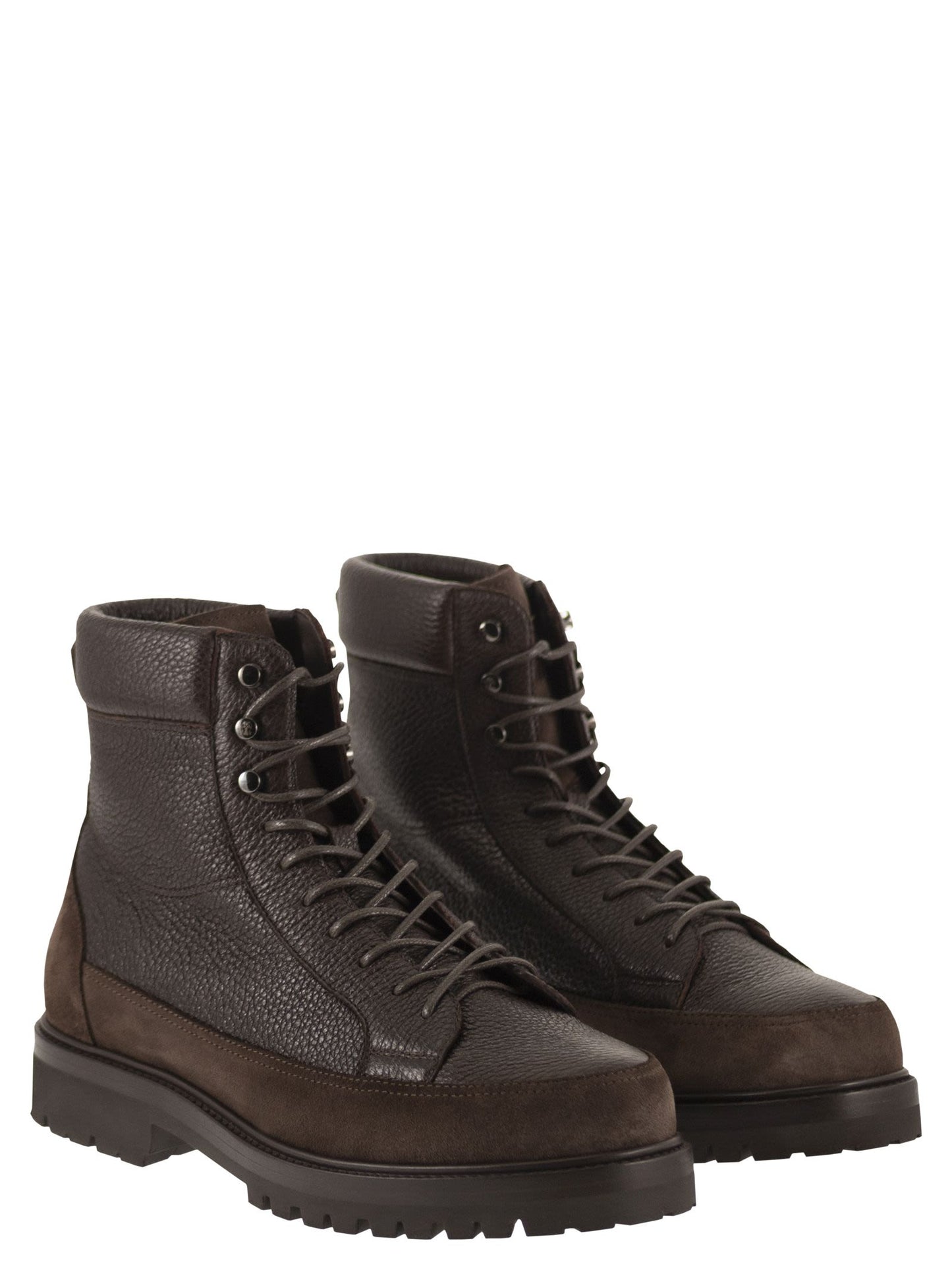 Brunello Cucinelli Men Grained Leather And Suede Lace-Up Boots