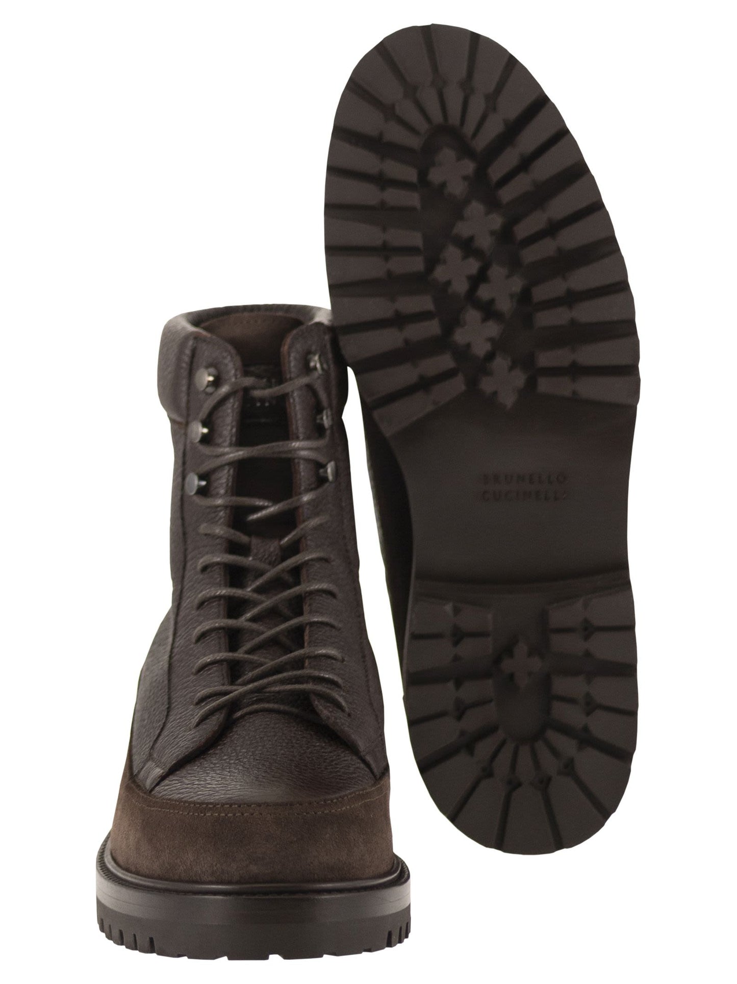 Brunello Cucinelli Men Grained Leather And Suede Lace-Up Boots