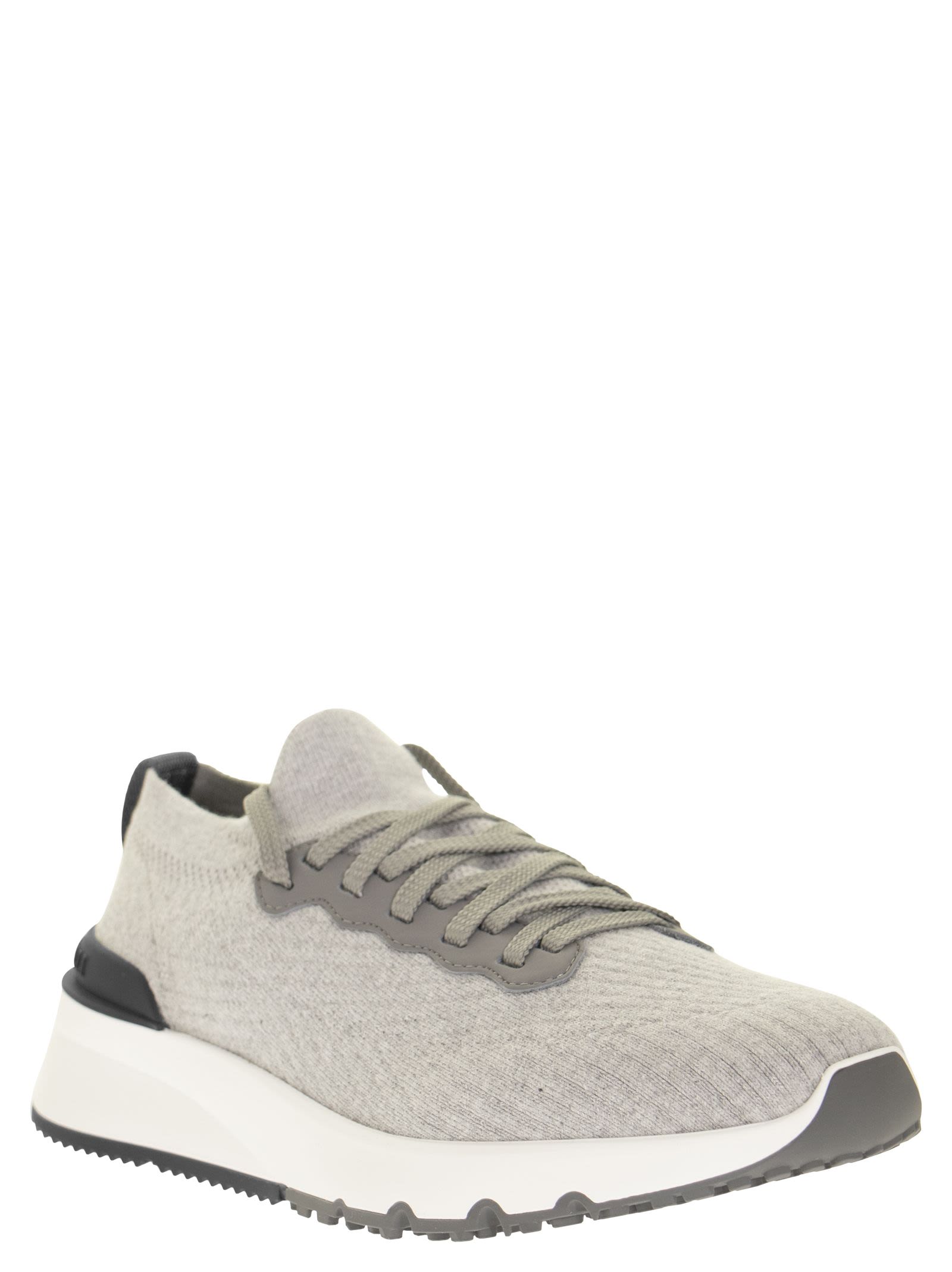 Brunello Cucinelli Men Runners In Cotton Knit And Semi-Glossy Calf Leather BRUNELLO CUCINELLI